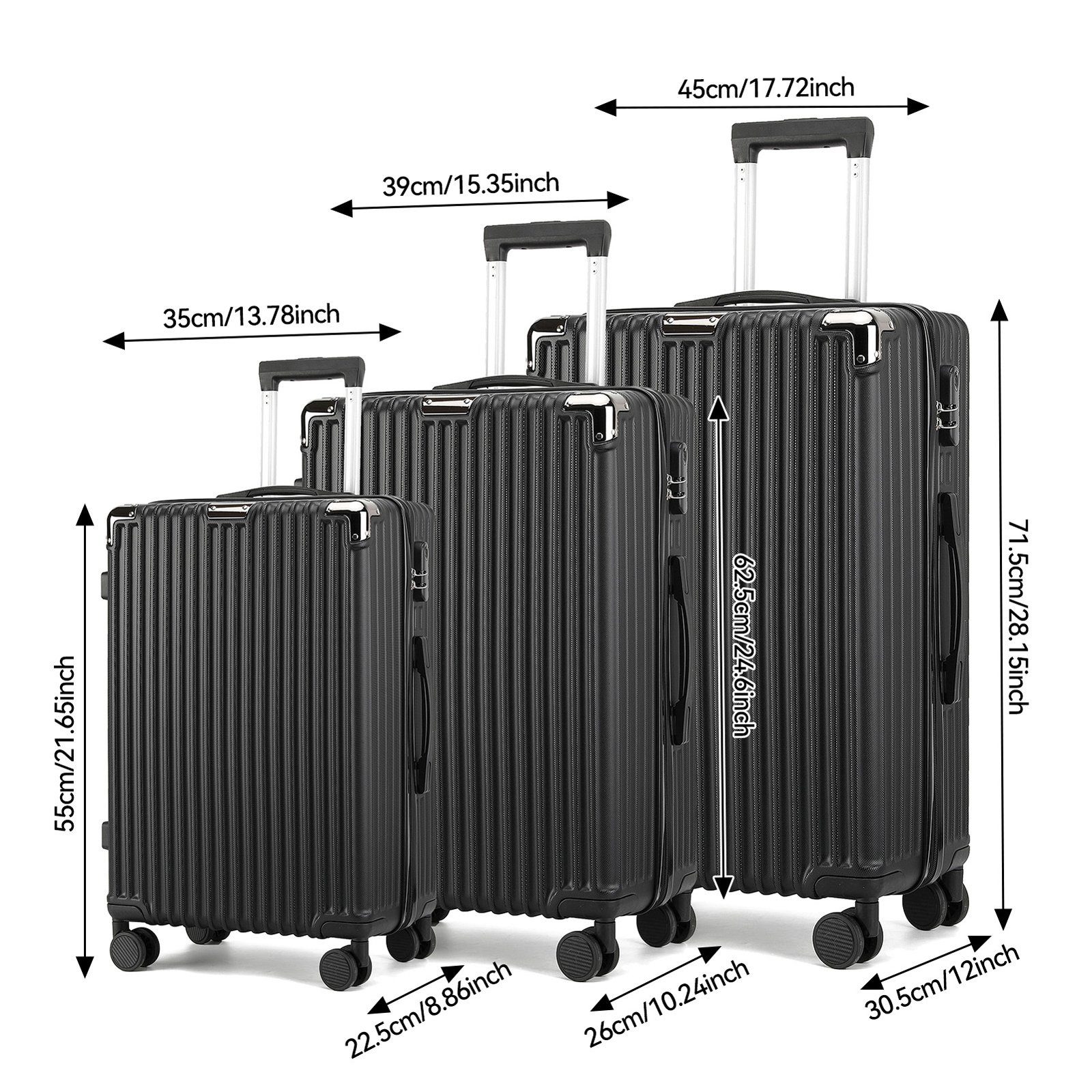 Set, Kofferset FUROKOY ABS-Material, schwarz Hartschalen-Handgepäck 3-teiliges Rollkoffer, Zahlenschloss mit , Reisekoffer