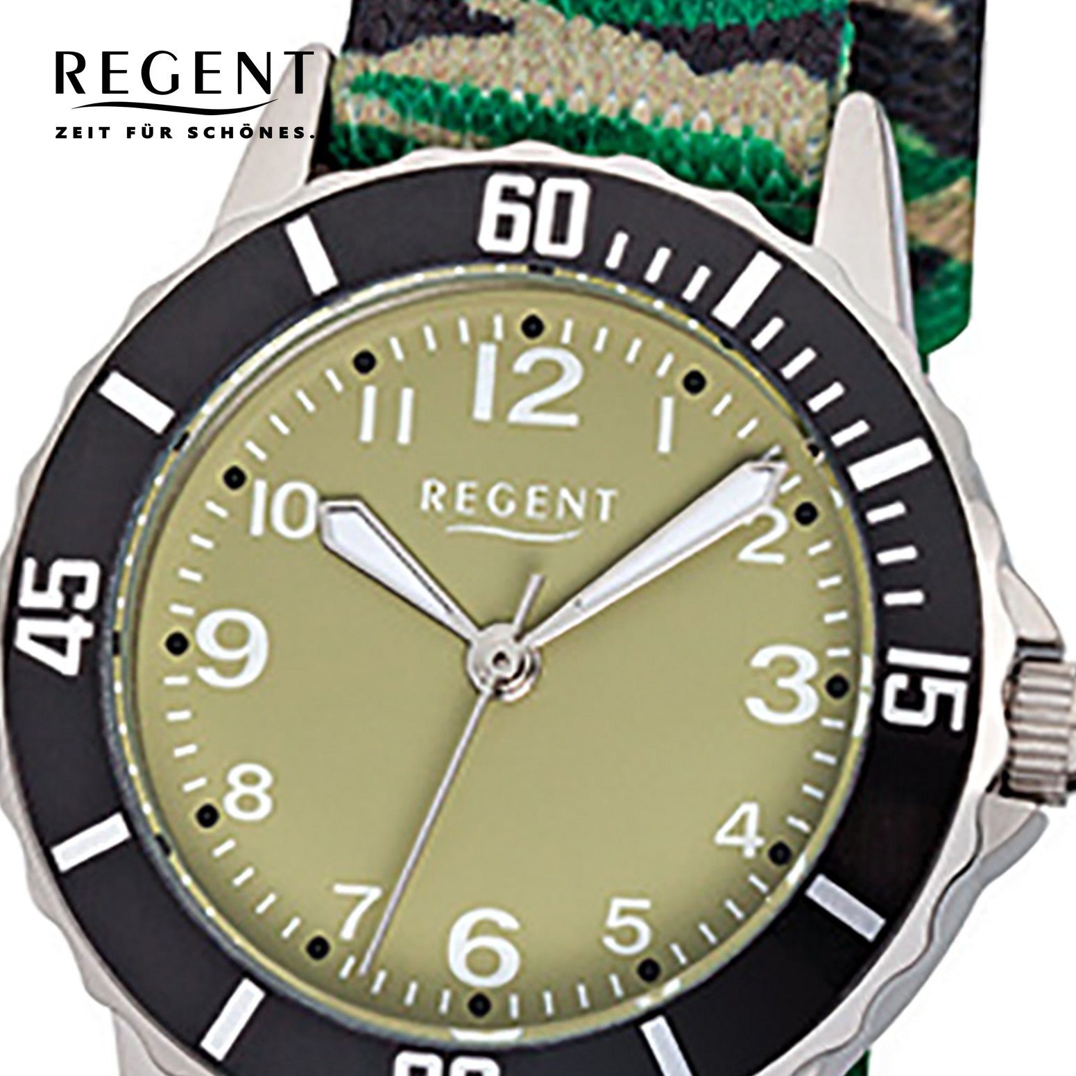 Regent Quarzuhr Regent Kinder-Armbanduhr grün schwarz, Kinder Armbanduhr  rund, mittel (ca. 32mm), Textilarmband