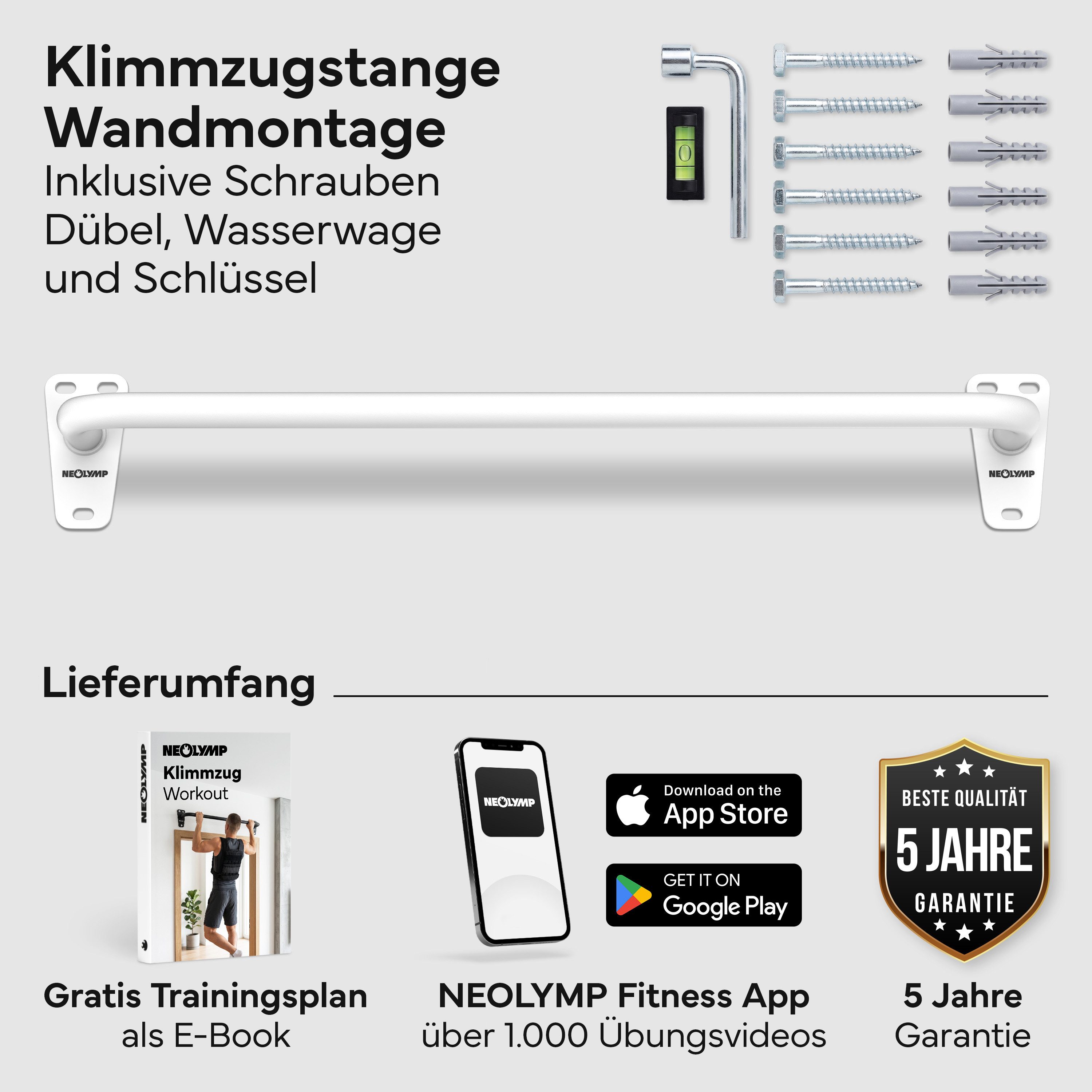 NEOLYMP Klimmzugstange Klimmzugstange Wandmontage bis 200 kg – Pull Up Bar Stahl, Bis 200 kg belastbar und aus Massive Stahlkonstruktion