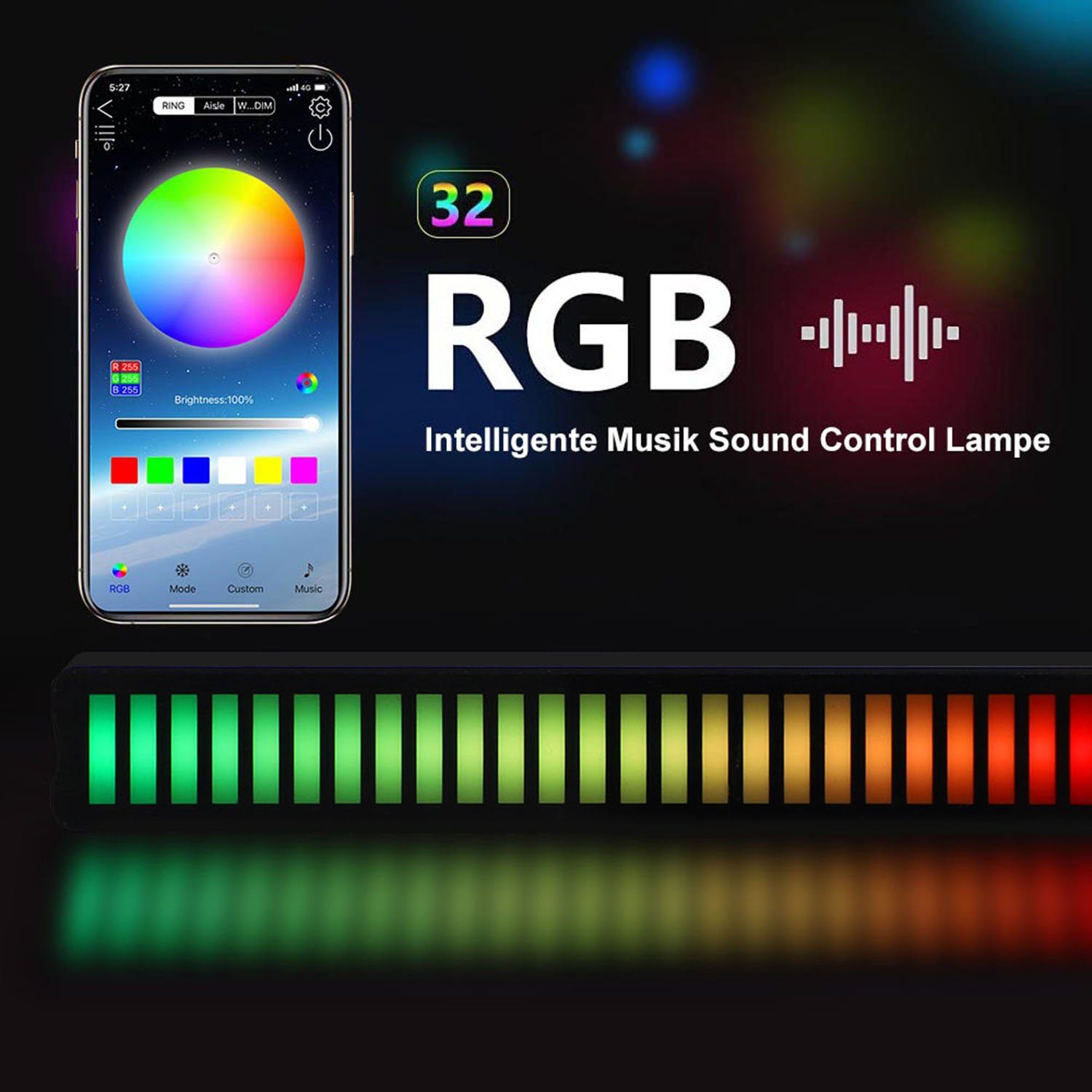 RGB, Smarte Lichtstreifen Tonabnehmer, Rhythmus Lampe, sprachgesteuerte Sync Schwarz Atmosphären Musik Rosnek