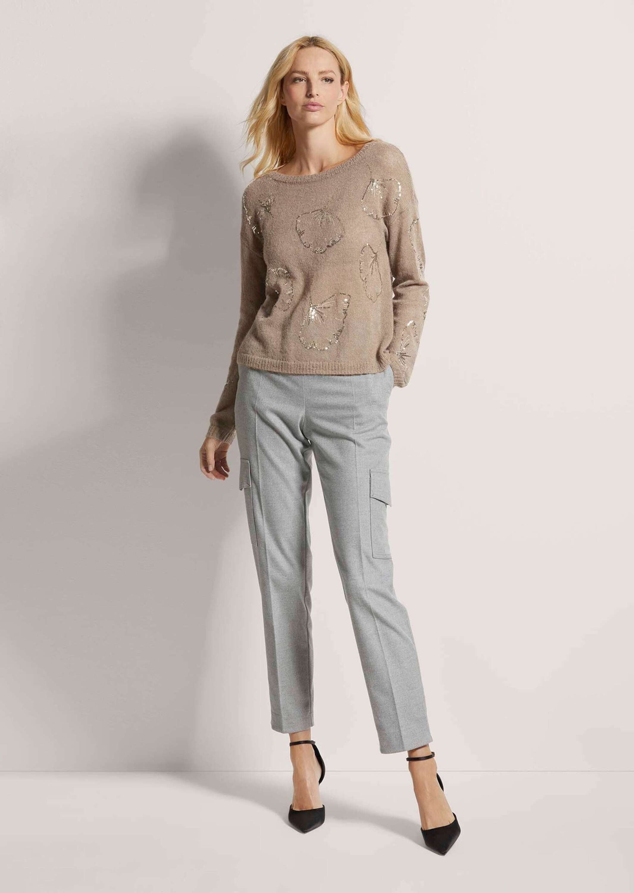 MADELEINE Strickpullover Glanzpullover mit Ginkgo-Design und Pailletten Wollpullover mit Rundhals und Langarm