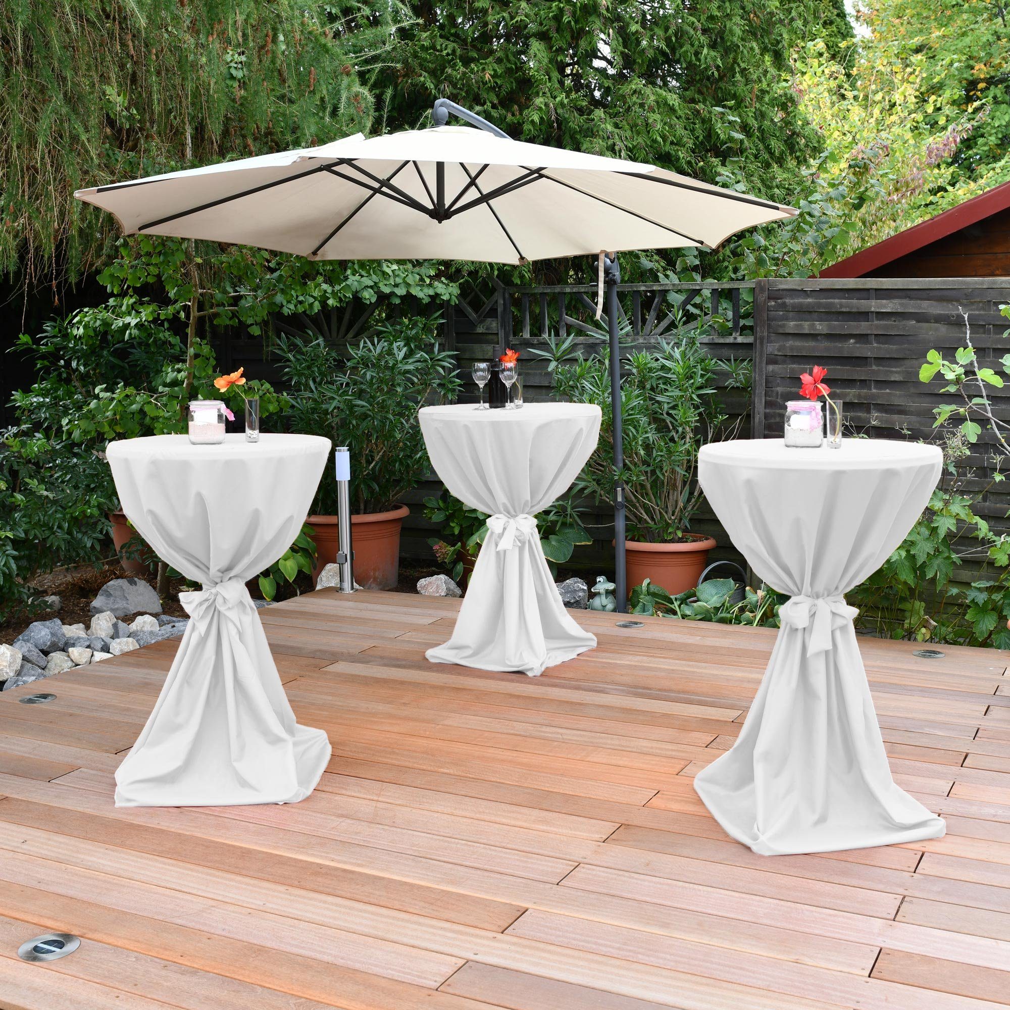 Beautissu Stehtischhusse Stehtischhussen 60 cm x 145cm Giulia, Weiß, Microfaser Hussen mit Satinband für Stehtische Schleife in Weiß