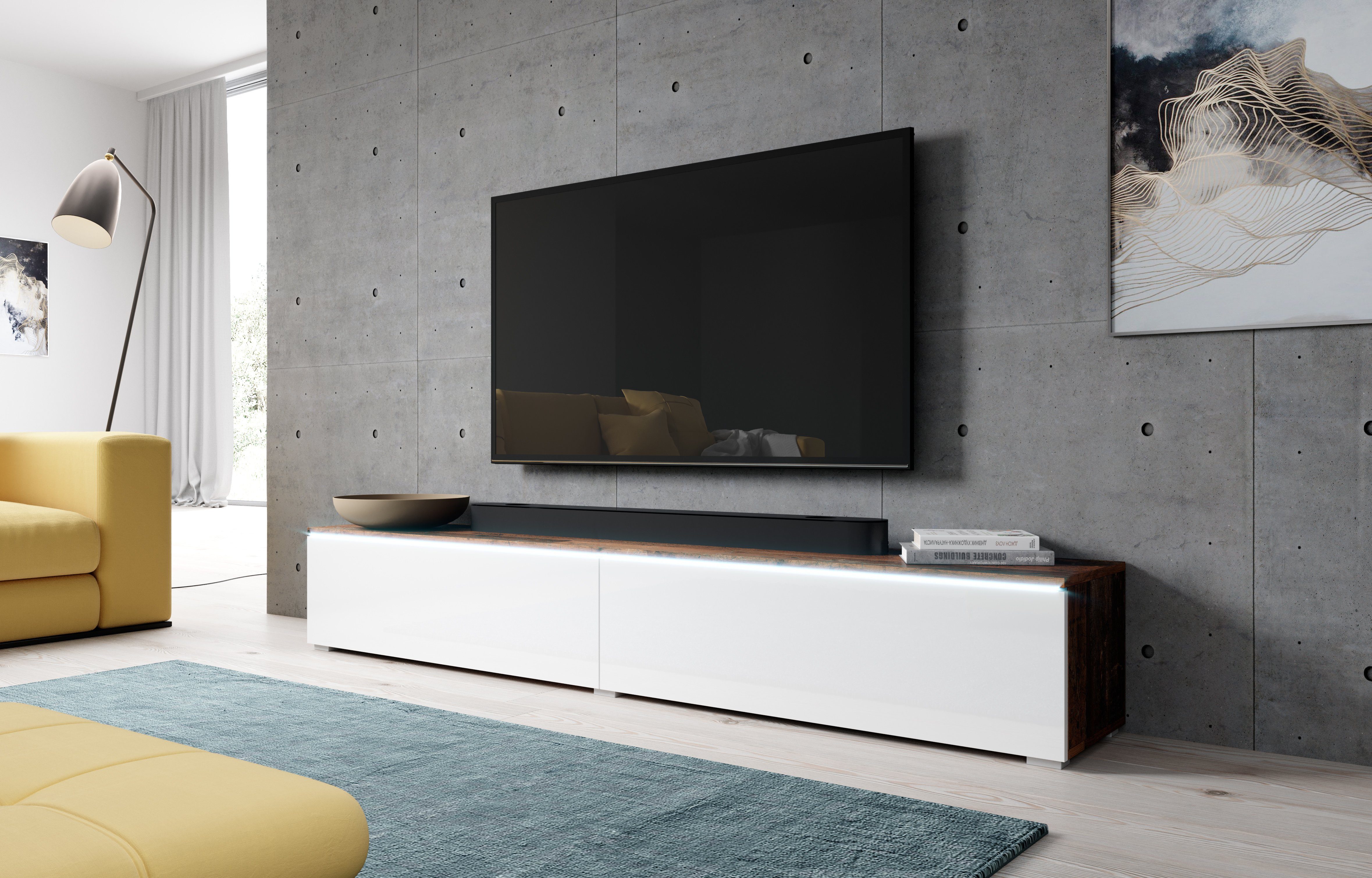 Furnix TV-Bank BARGO TV-Kommode Lowboard Schrank ohne LED freistehend, 4  Fächer, B200 x H34 x T32 cm, (2 x 100 cm)