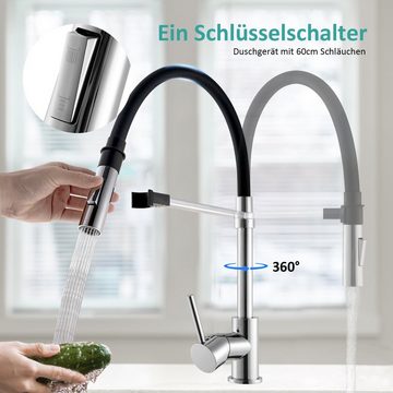 EMKE Küchenarmatur Wasserhahn KücheSilikon mit Schwarzem Weichschlauch Ausziehbar 2 Strahlarten,Küchenarmatur 360° Drehbar,Höhe 49.03cm