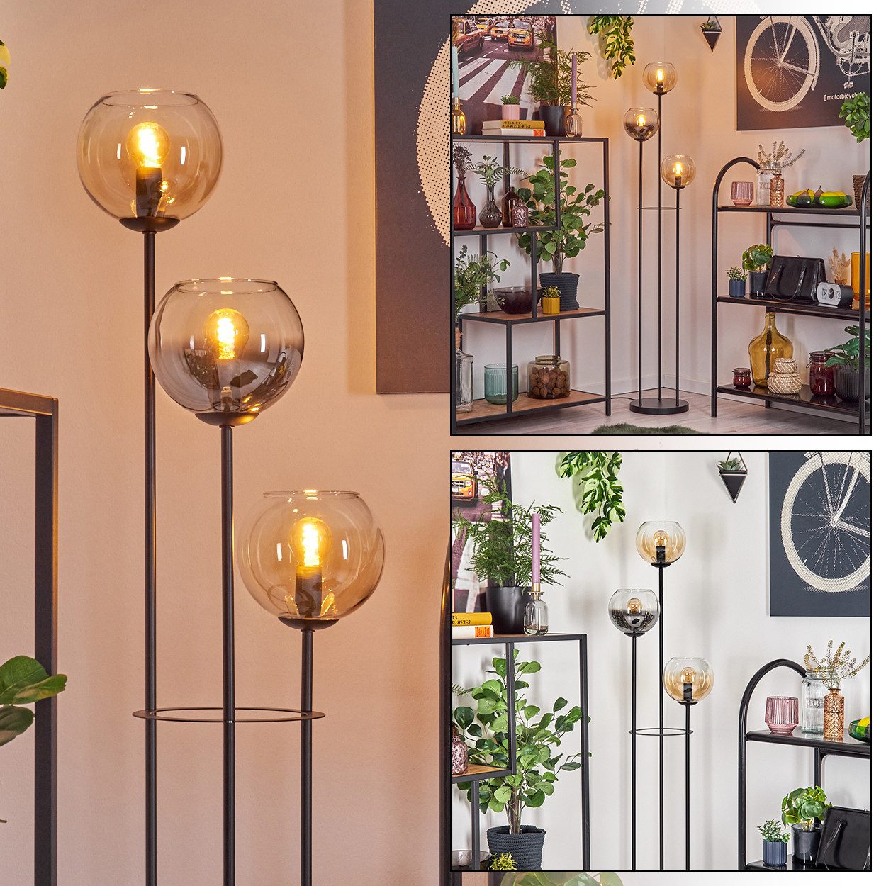 hofstein Stehlampe Stehlampe aus Metall/Glas in Schwarz/Rauch/Bernstein/Klar, ohne Leuchtmittel, im Vintage-Design (Schirme Ø 15 cm), Fußschalter, 150 cm, E14