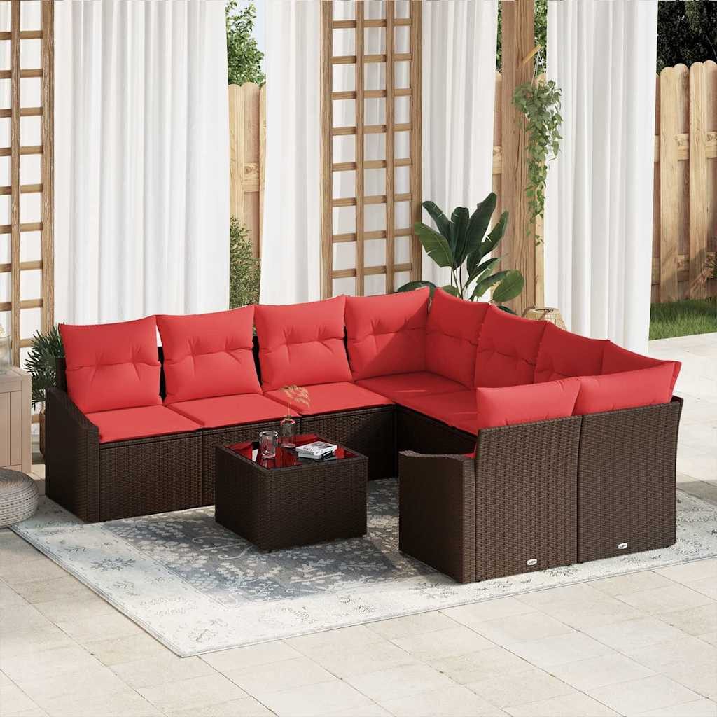 vidaXL Loungesofa Sofa Set 9 stk. 3-Sitzanzahl Braun und Rot Poly Rattan, 9 Teile