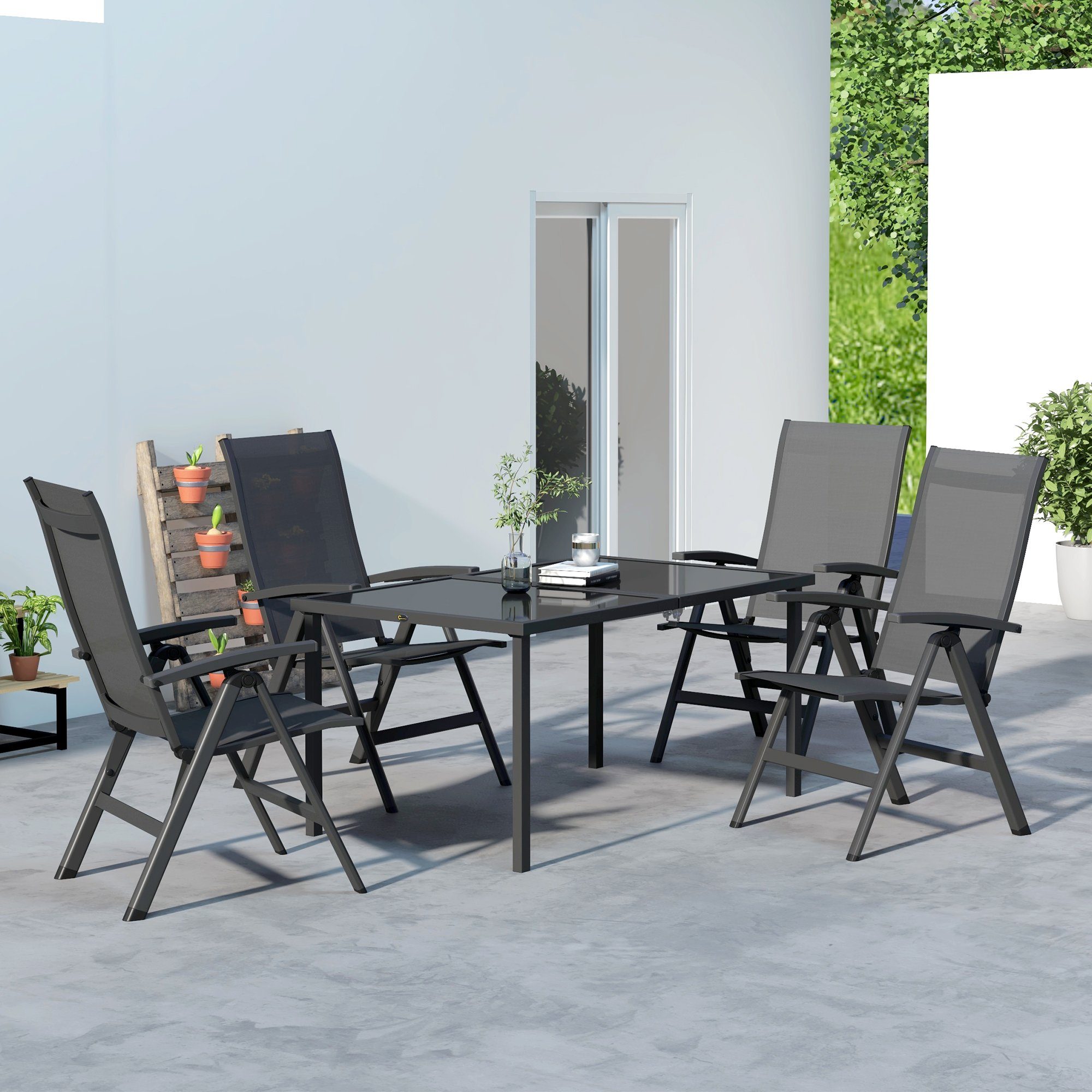 Outsunny Garten-Essgruppe Gartenmöbel-Set, Sitzgarnitur inkl. 1 Esstisch, 4 klappbare Stühlen, (Balkonmöbel-Set, 5-tlg., Gartengarnitur), für Balkon, Terrasse, Mesh, Schwarz