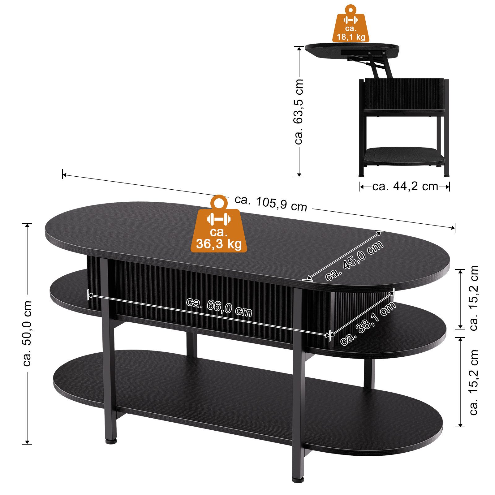 FABATO Couchtisch oval, höhenverstellbar mit verstecktem Stauraum, 3-Etagen-Design (1-St), 105.9×45×50-63.5cm, schwarz