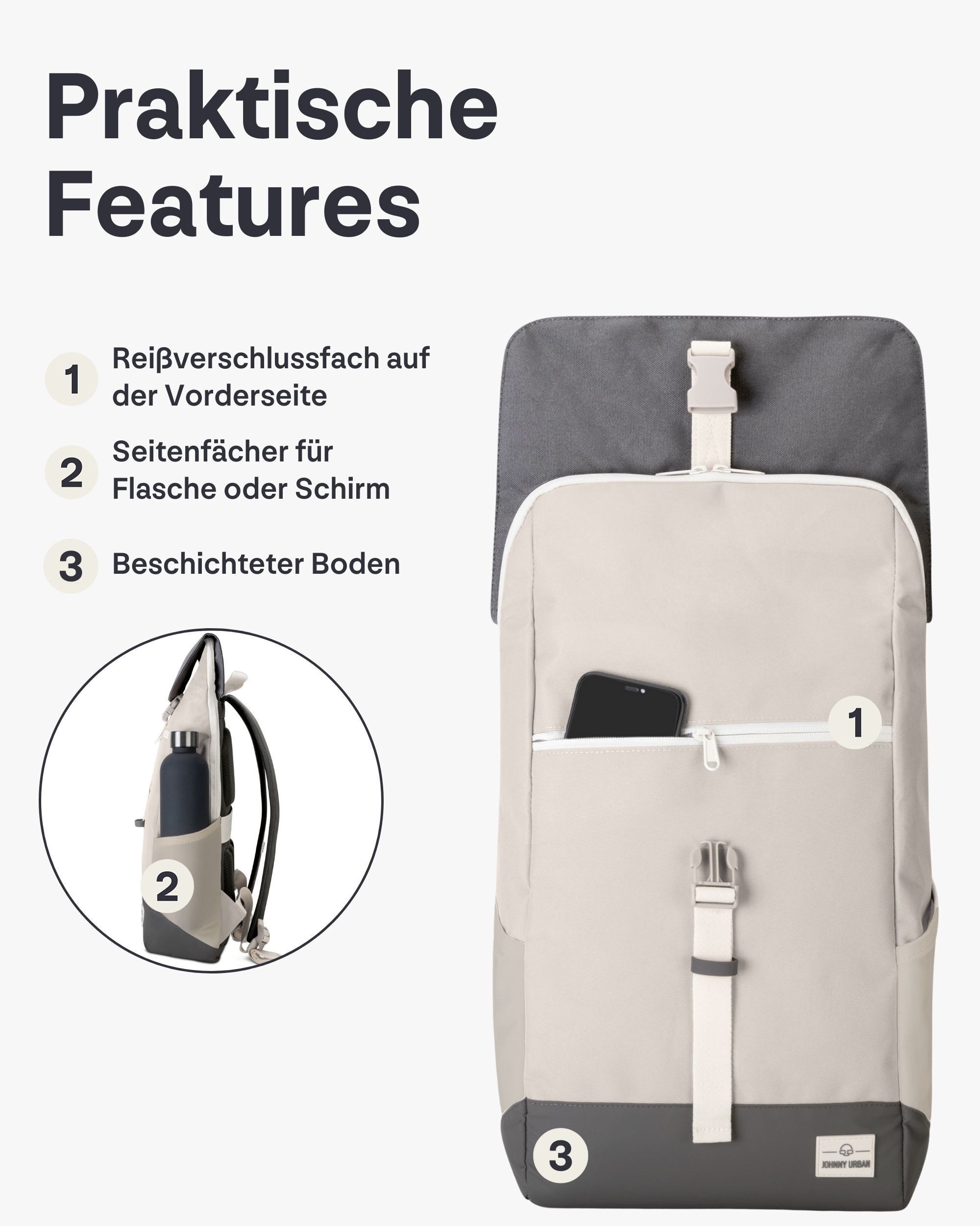 Johnny Urban Cityrucksack MIKA, Rolltop Damen Herren, Laptop Fach (1-tlg), Flexible Größe, Gepolstertes Laptopfach, Wasserabweisend