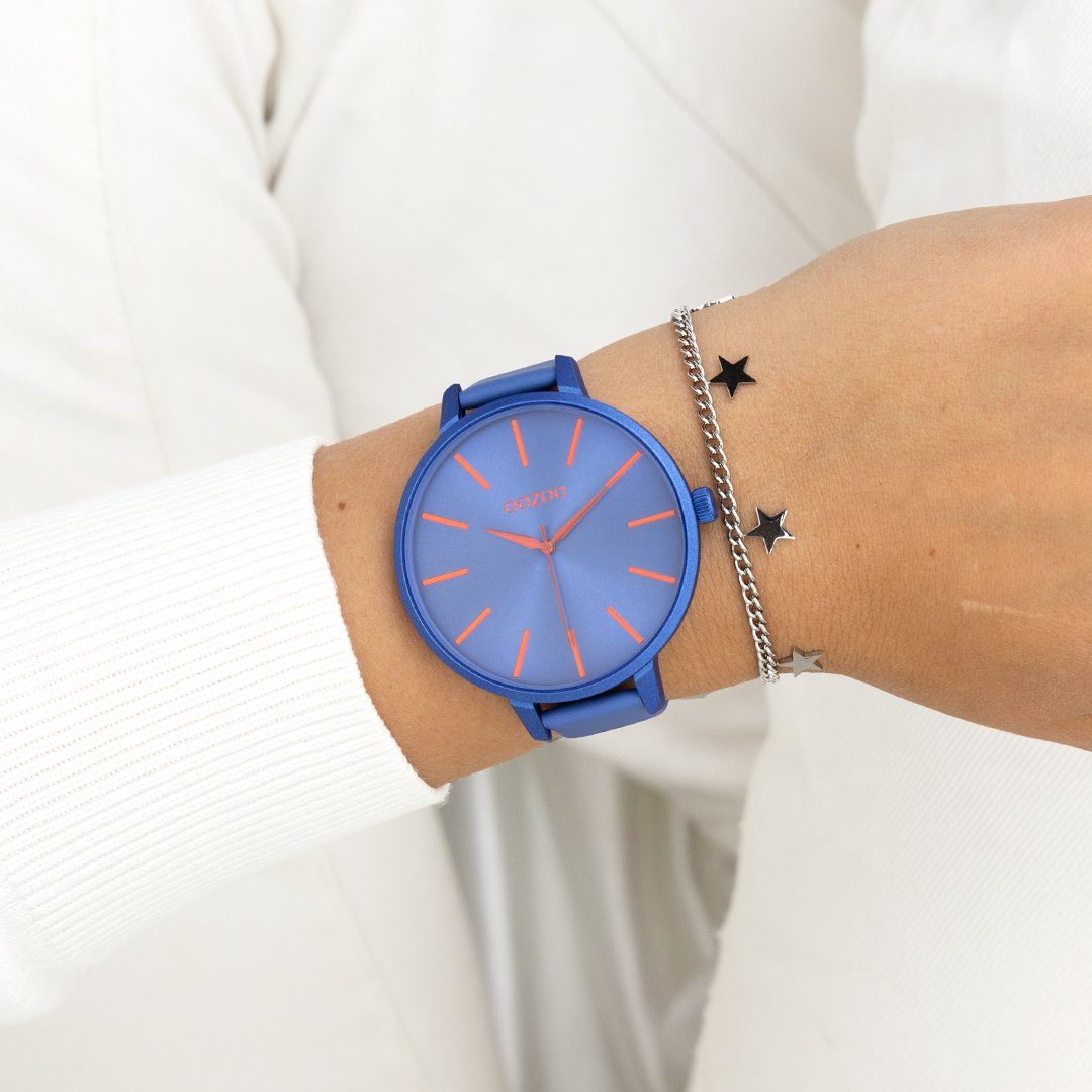 OOZOO 48mm), Fashion, Oozoo Damenuhr Armbanduhr Miyota (SR626SW) groß Lederarmband extra blau, Hochwertiges Damen Batterietyp rund, 377 (ca. Timepieces Quarzlaufwerk. Quarzuhr Analog,