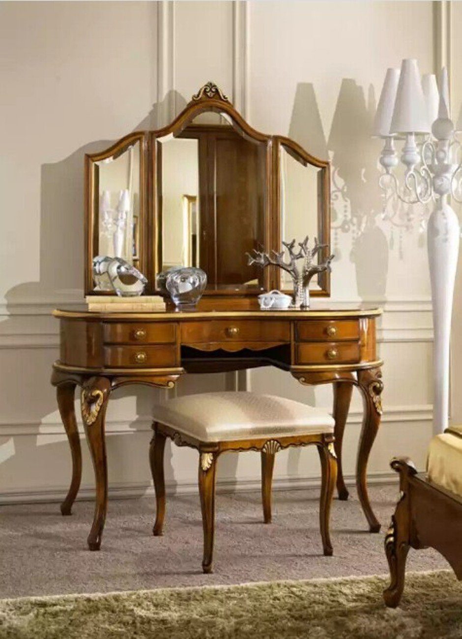 JVmoebel Schminktisch Klassischer (2-St., Möbel Stuhl), Italy in Spiegel Luxus ohne Schminktisch 1x 1x Holz Made Schminktisch Spiegel Schlafzimmer 