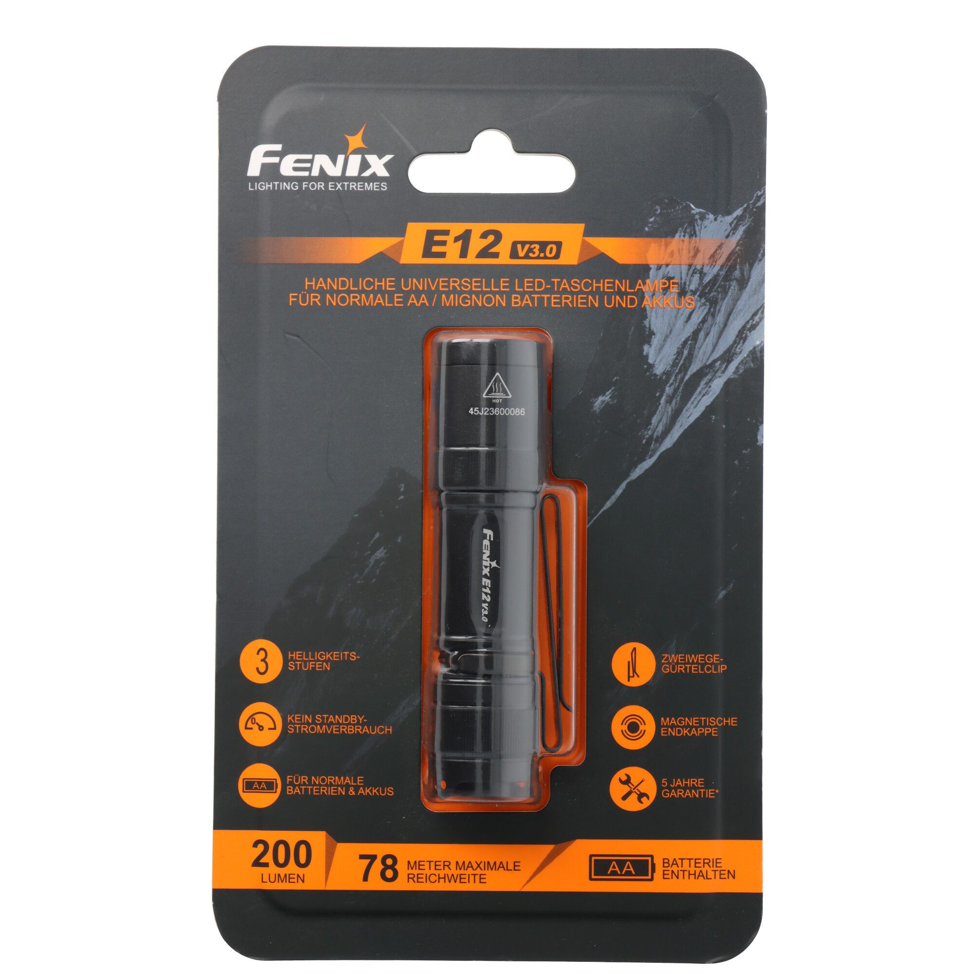Fenix LED Taschenlampe Fenix E12 V3.0 LED-Taschenlampe, max. 200 Lumen, Einhandbedienung, ul