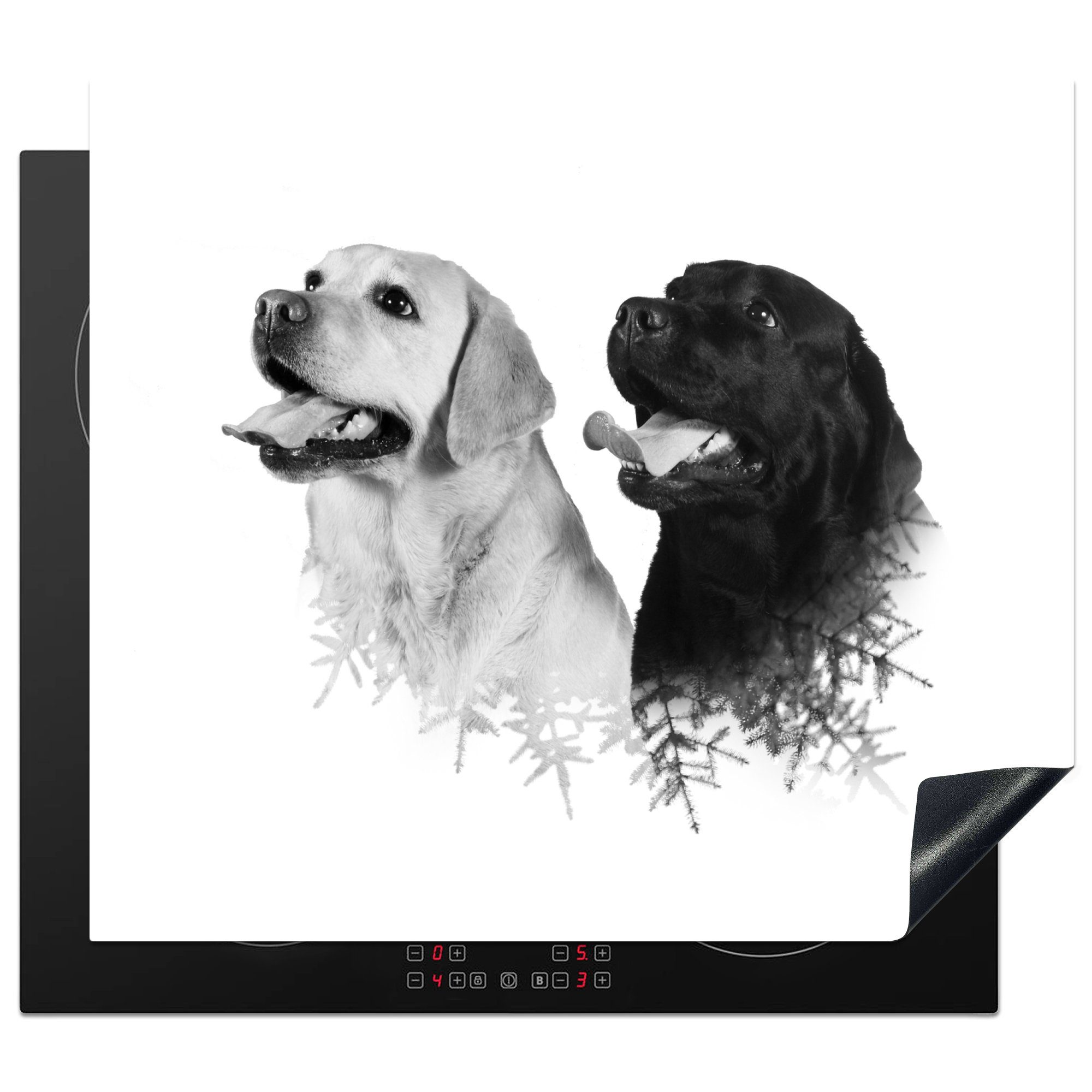 MuchoWow Herdblende-/Abdeckplatte Hund - Zweig - Schwarz - Weiß, Vinyl, (1 tlg), 59x52 cm, Ceranfeldabdeckung für die küche, Induktionsmatte