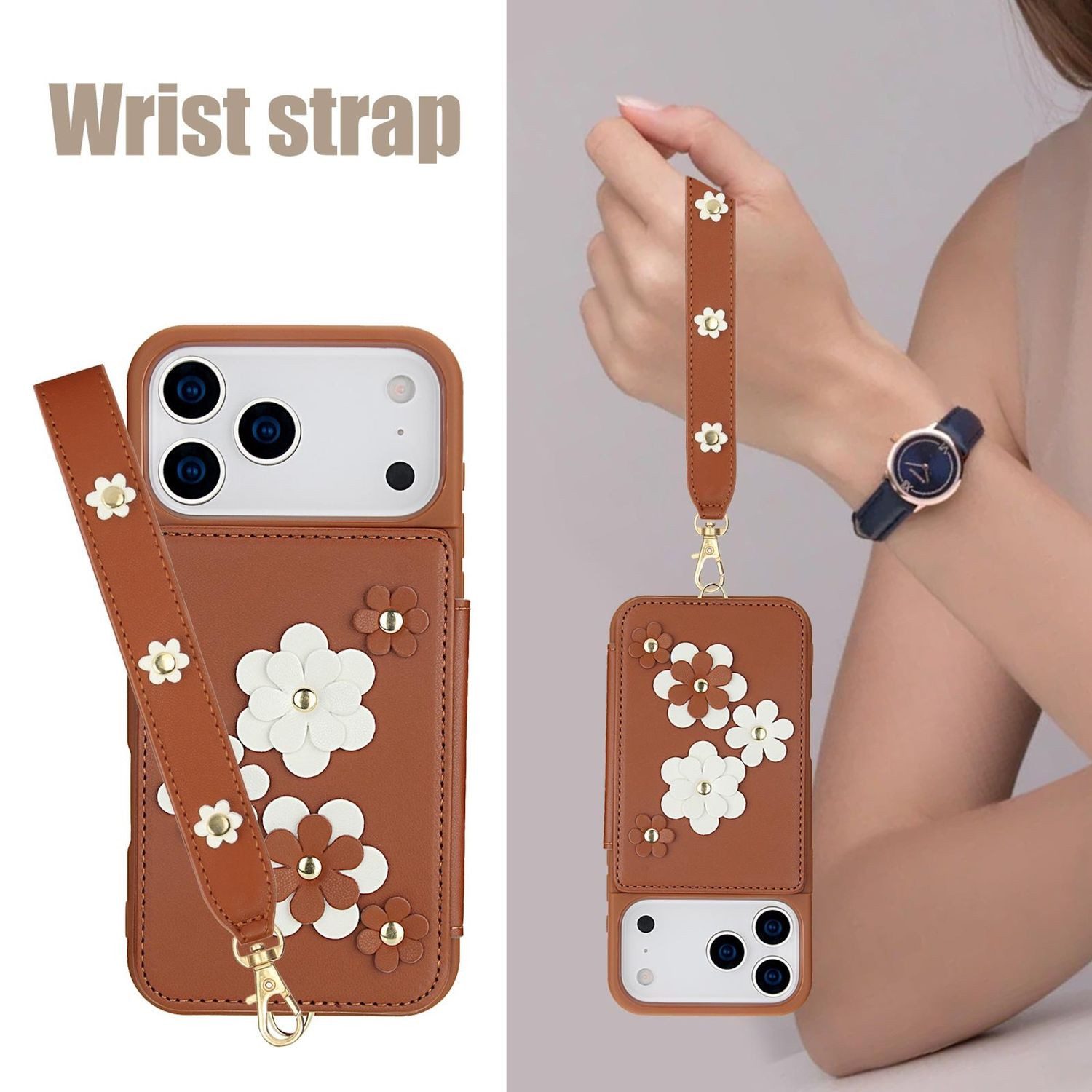 Wigento Handyhülle Für Apple iPhone 17 Pro Crossbody Kunstleder Blumenmotiv Hülle Braun, Mit Kartenfächern, Gurt, Kickstand-Funktion