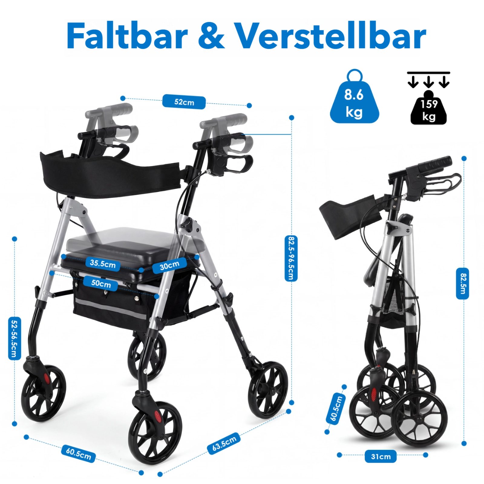 TLGREEN Rollator faltbar, höhenverstellbar & bis159 kg belastbar, sicheres Bremssystem,Unter-Sitz-Ablage,20 cm Rädern für Alltag & Reise