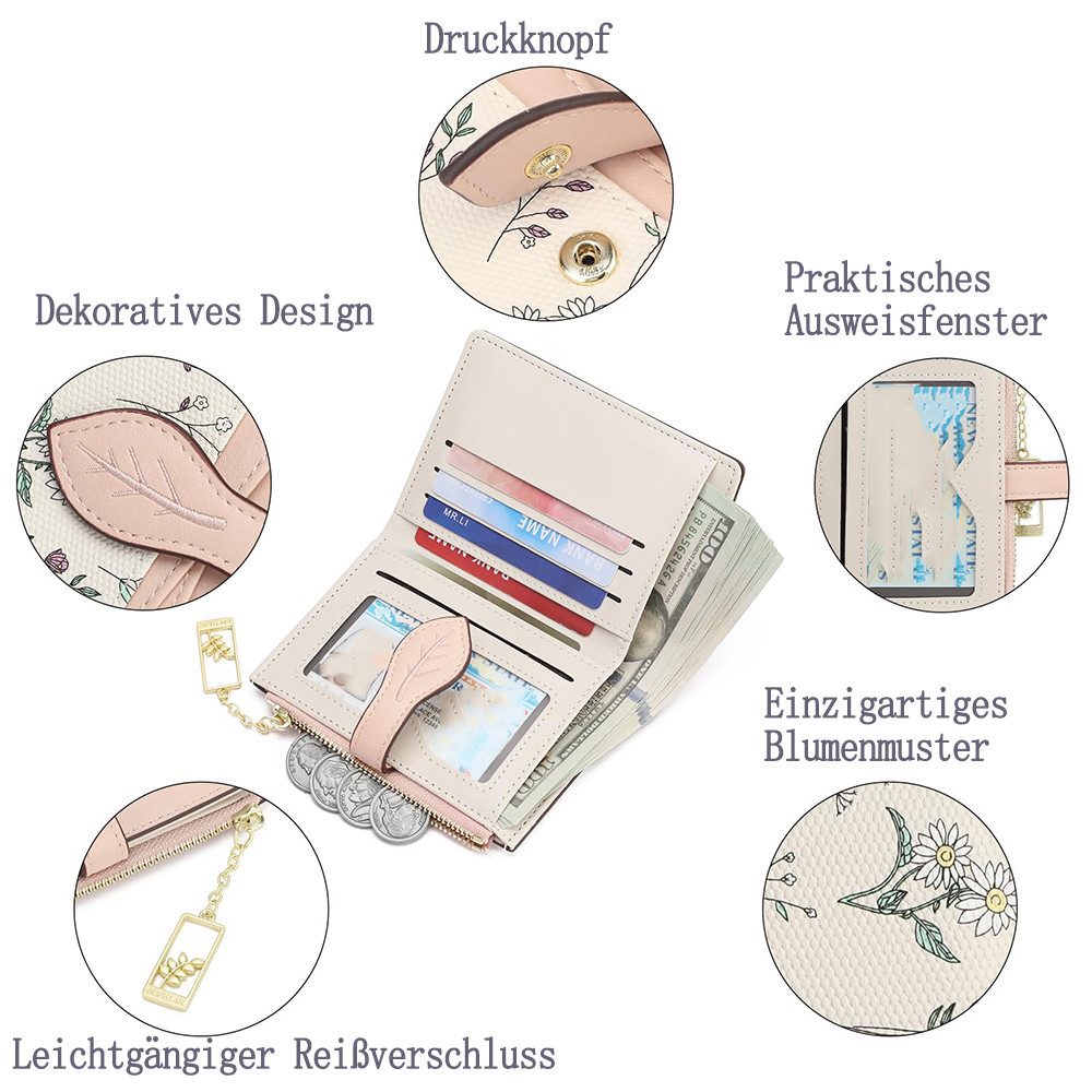 Zaewry Geldbörse Kleine Damen Geldbörse,modisch, niedlicher Margeriten-Aufdruck, Leder, Bifold, kompakt, RFID-geschützt, mit Reißverschlusstasche – Bild 4 von 5