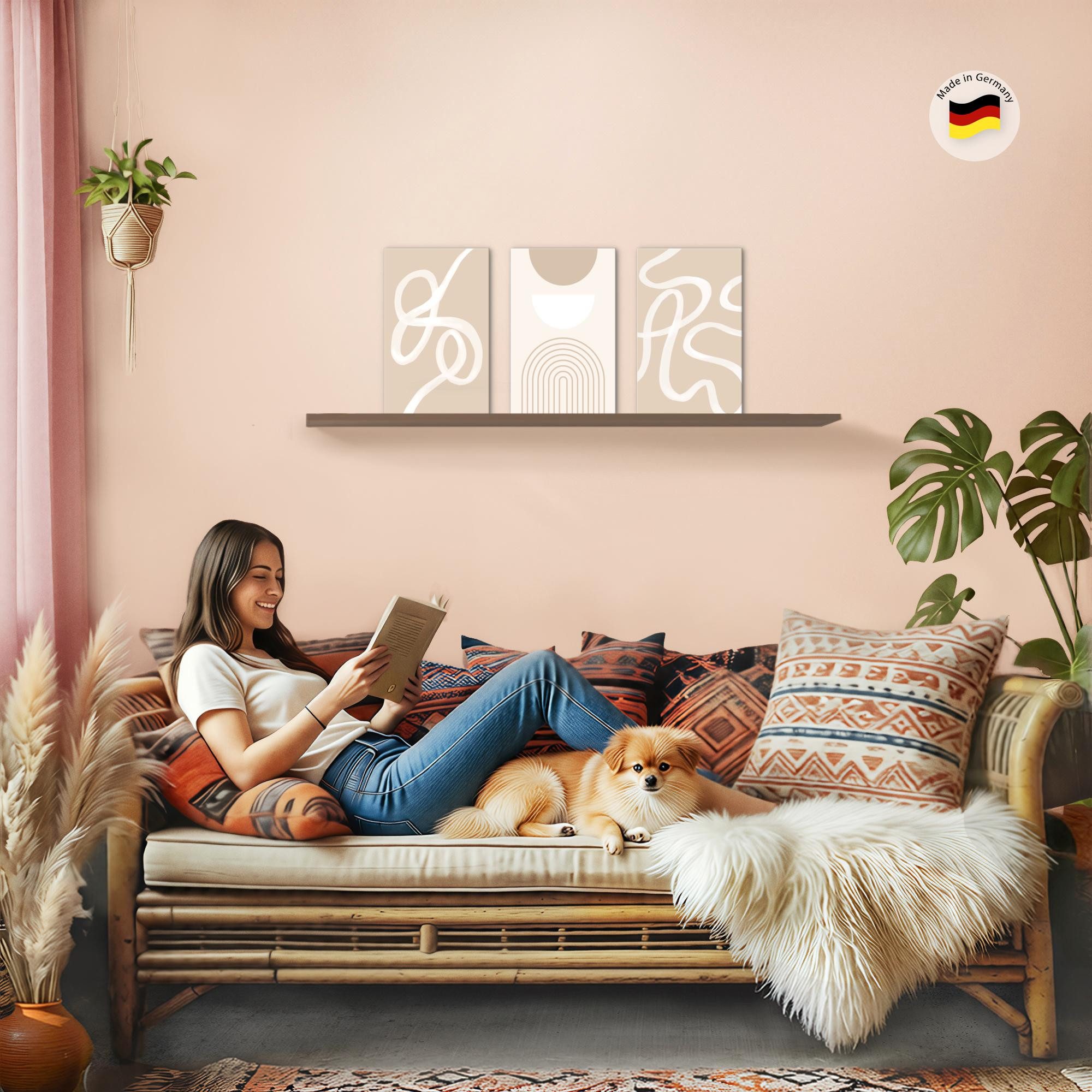Novart Wandbild Abstrakt für Schlafzimmer Büro 3 Bilder Beige Linien N044530a, 20 x 30 cm - 3 Bilder