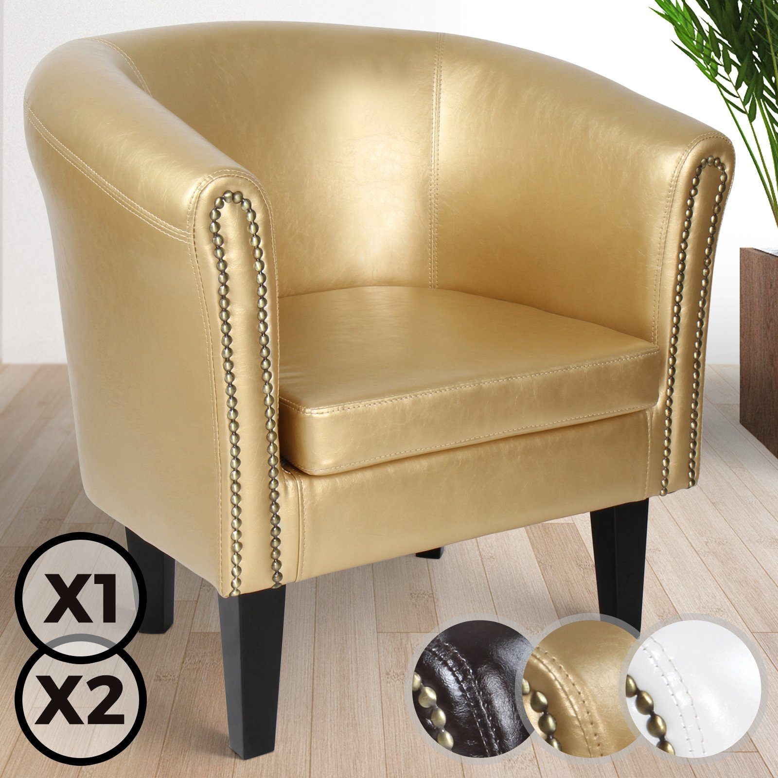 Clubsessel, Armsessel, Holz mit Set MIADOMODO Gold), Loungesessel, Cocktailsessel, Chesterfield-Sessel Weiß, - und (Braun, aus (1-St) Möbel Chesterfield Kunstleder, Farbwahl oder 2er - Kupfernieten, Wohnzimmer Sessel 1er