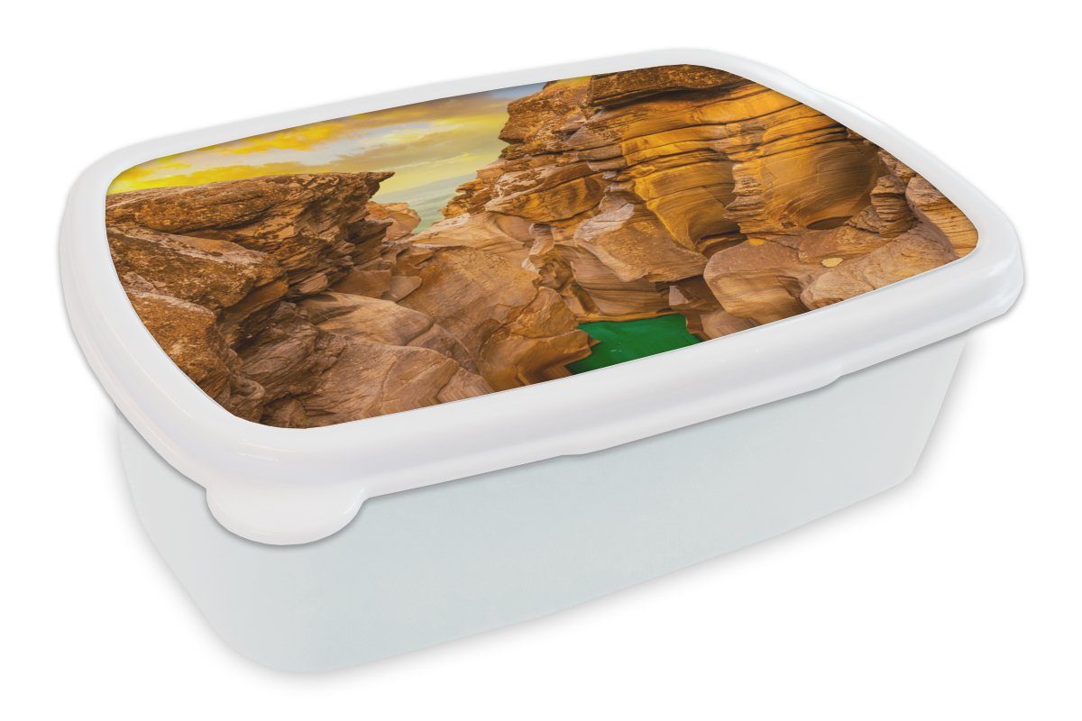 MuchoWow Lunchbox Felsen - Meer - Sonnenuntergang - Natur - Wasser, Kunststoff, (2-tlg), Brotbox für Kinder und Erwachsene, Brotdose, für Jungs und Mädchen weiß