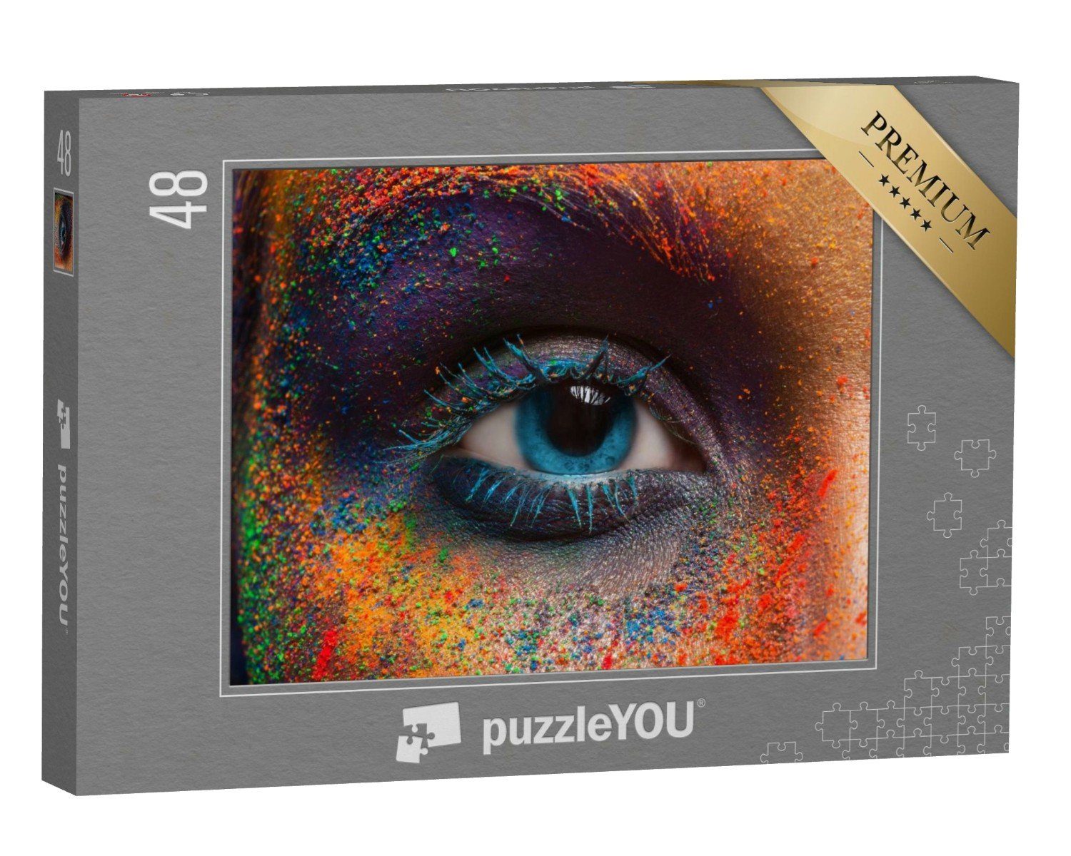 puzzleYOU Puzzle Holi-Fest: ein weibliches Auge mit Make-up, 48 Puzzleteile, puzzleYOU-Kollektionen Kunst & Fantasy