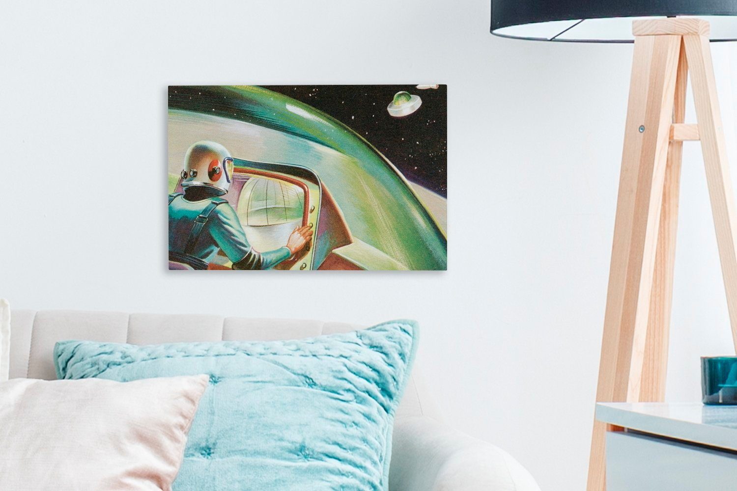 Aufhängefertig, Mädchen - OneMillionCanvasses® Wandbild Weltraum Leinwandbild Eine St), im Leinwandbilder, 30x20 (1 Jungen -, bunte eines Wanddeko, UFOs Illustration - cm