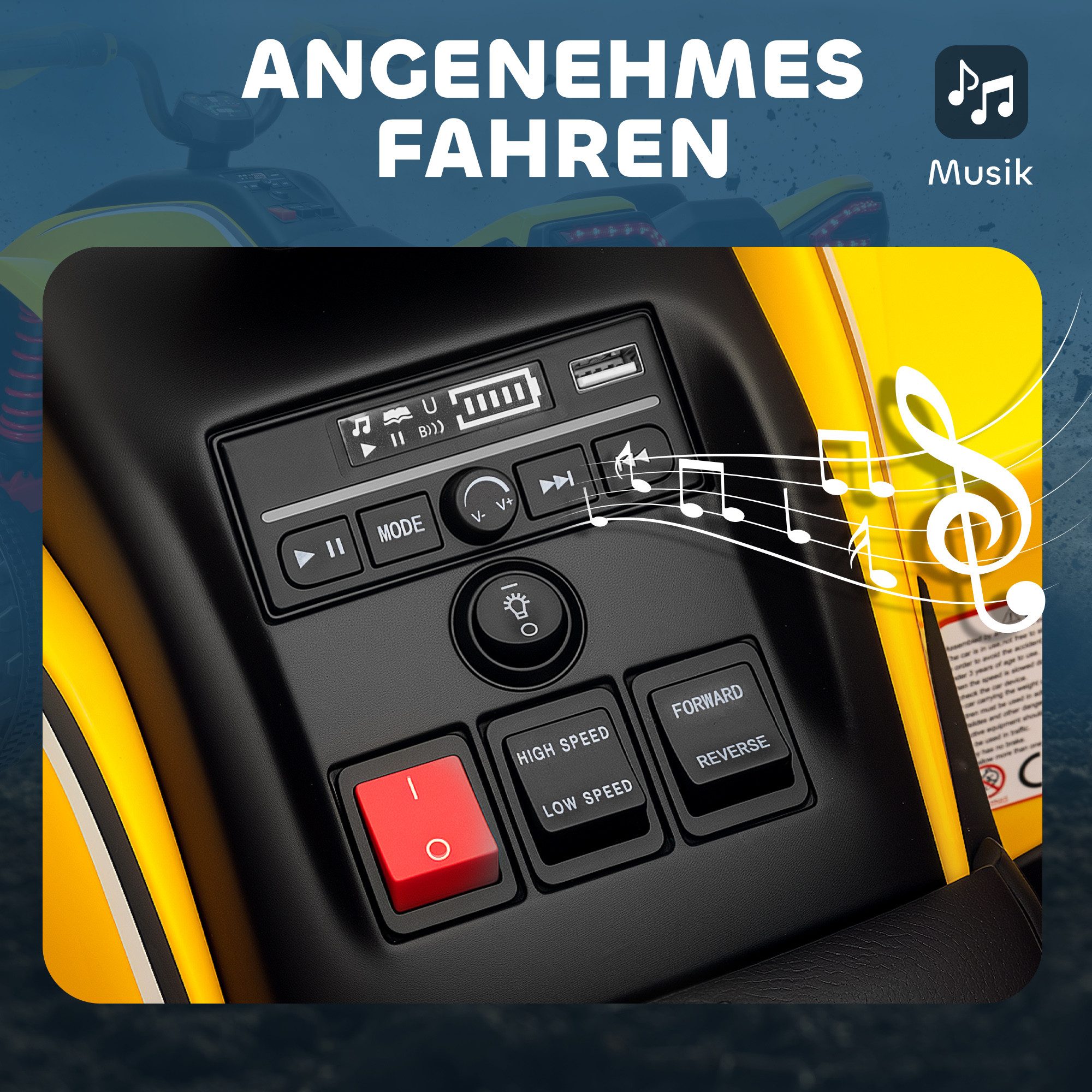 AIYAPLAY Elektro-Kinderquad 12V Elektro Kinderquad mit Vorwärts-& Rückwärtsgang, Belastbarkeit 50 kg, (1-tlg), Kinderauto mit USB, Musik für 3-8 Jahre Kinder, Gelb