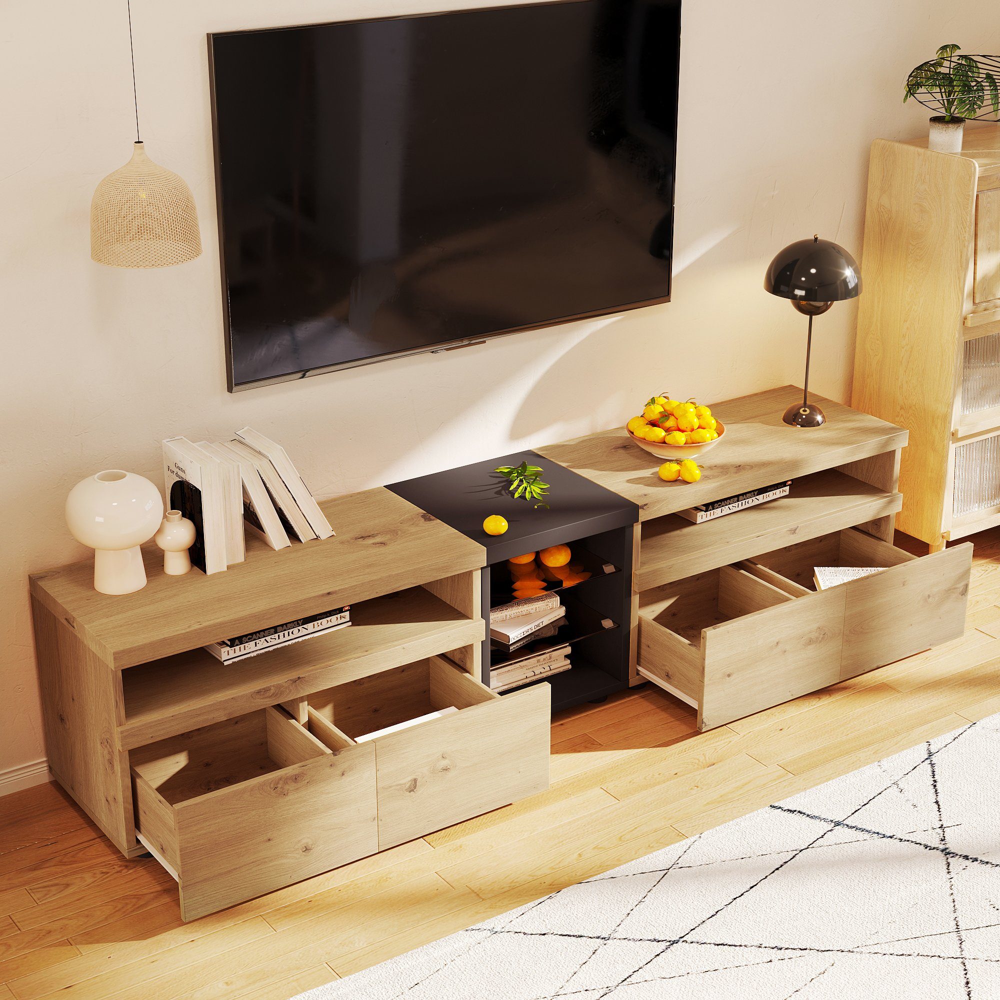 Ulife TV-Schrank Boden mit Schubladen und Glastrennwänden Farbblockdesign in Schwarz und Holz, 201*40*48cm