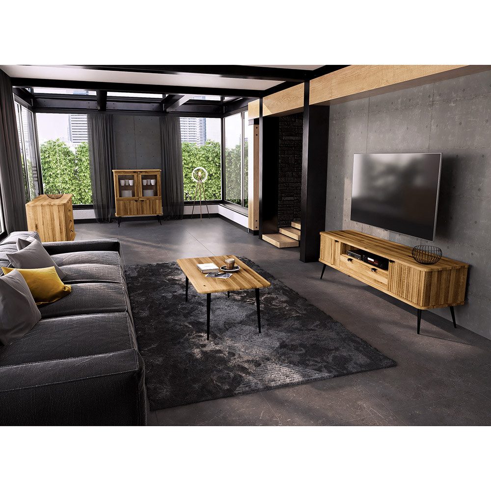 Lomadox Wohnzimmer-Set KABALA-165, (Mega-Spar-Set, 4-St., Couchtisch Highboard Lowboard Sideboard), Couchtisch 60x100 cm, Eiche massiv geölt, teilmontiert, gerillte Front
