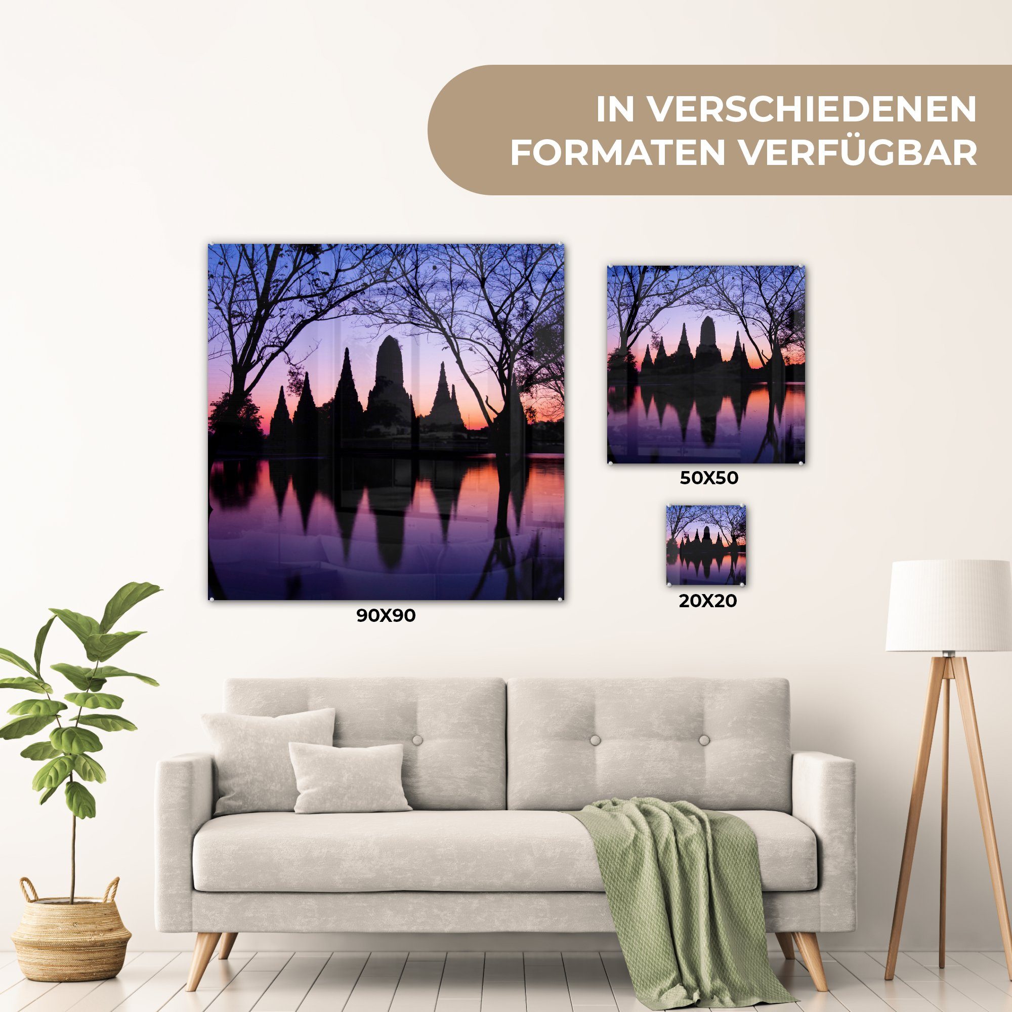 Bilder Glasbilder - Glas Wanddekoration (1 MuchoWow Foto Chaiwatthanaram, Thailand, Acrylglasbild St), des Wandbild - - auf Wat auf Glas Silhouette