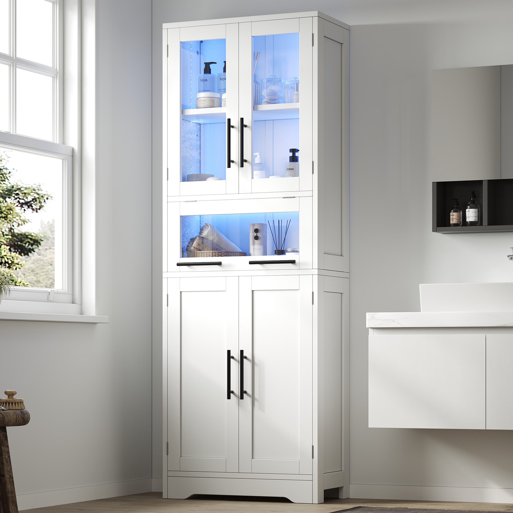 Flieks Hochschrank Badkommode Glasvitrine mit LED-Beleuchtung und Glastüren (Badezimmerschrank, 1-St., B60×T30×H170 cm) Bücherregal Mehrzweckschrank mit verstellbarer Einlegeböden Weiß