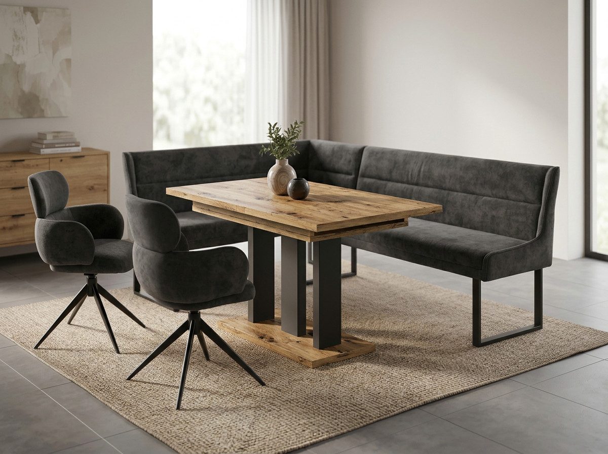 Endo-Moebel Eckbankgruppe Eckbankgruppe Esstisch ausziehbar 2 Stühle Eckbank Farbauswahl Set, (Eckbankgruppe, Eckbankgruppe inklusive Eckbank, Tisch und 2 Drehstühlen), Chenille 310 g/m², 360° Drehstühle, Auto-Return, Synchronauszug