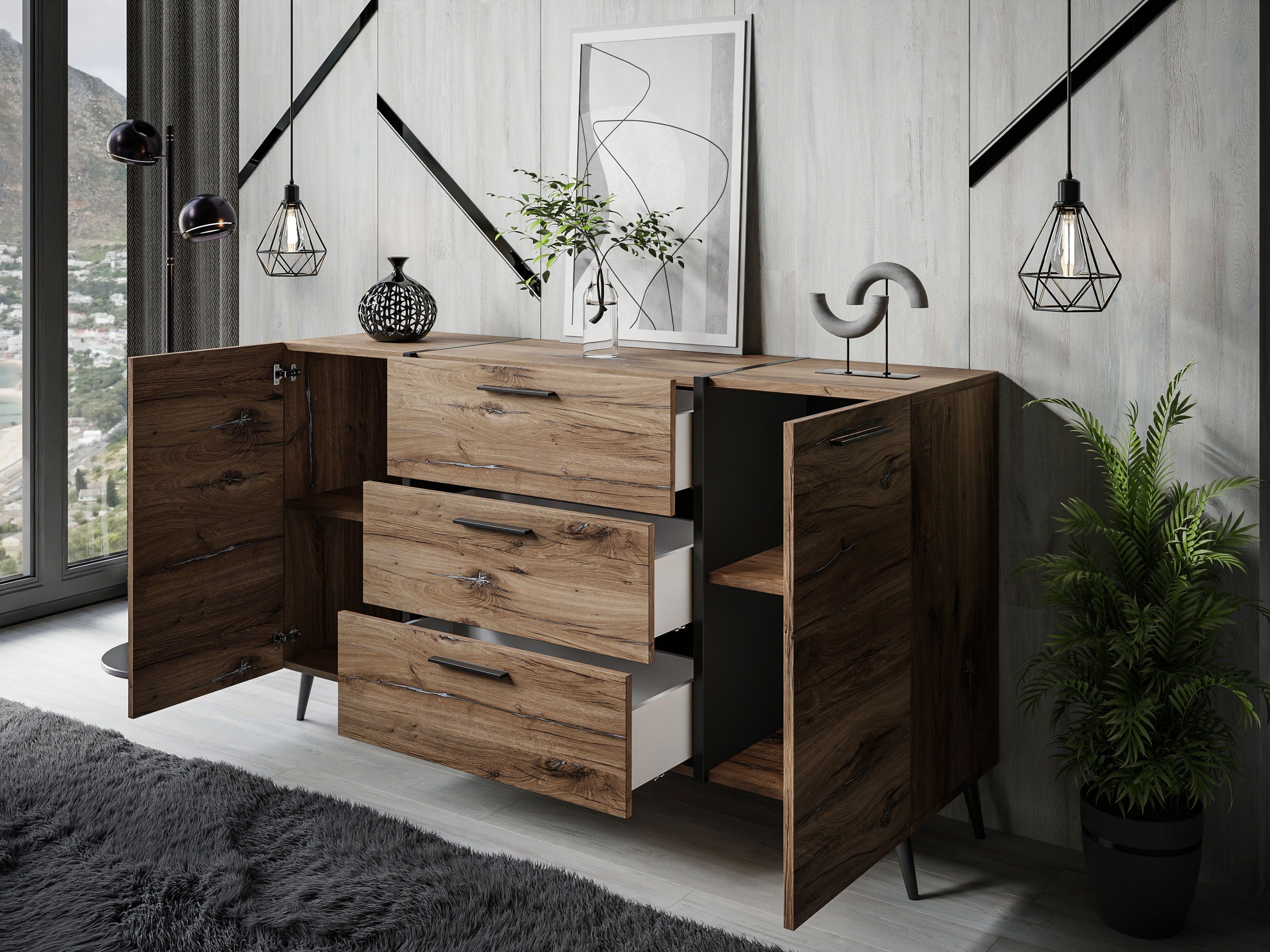 ALLHOUSE24 Wohnzimmer-Set Flagstaff Eiche LOFT Kommode günstig online kaufen