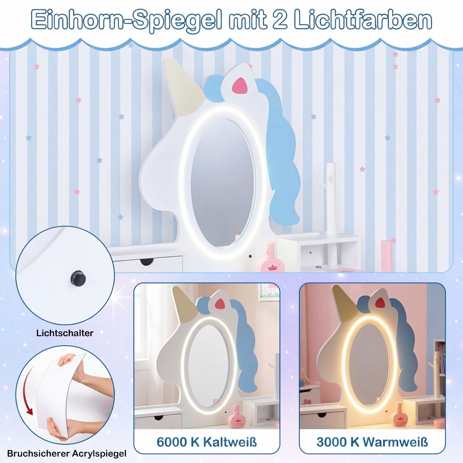 COSTWAY Schminktisch, 2 in 1 Frisiertisch mit spiegel, Kinderschminktisch