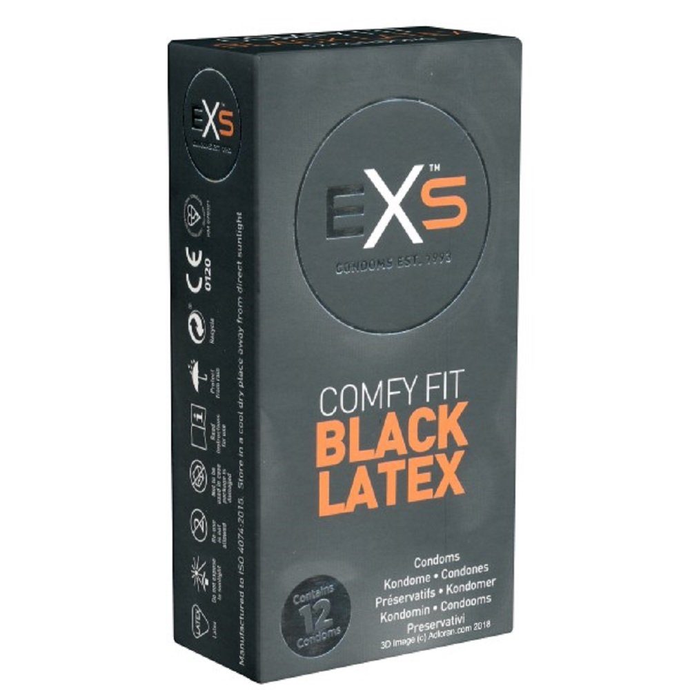 EXS Kondome Black Latex - Comfy Fit, schwarze Kondome Packung mit, 12 St., anatomische Form für mehr Komfort, schwarzes Latex