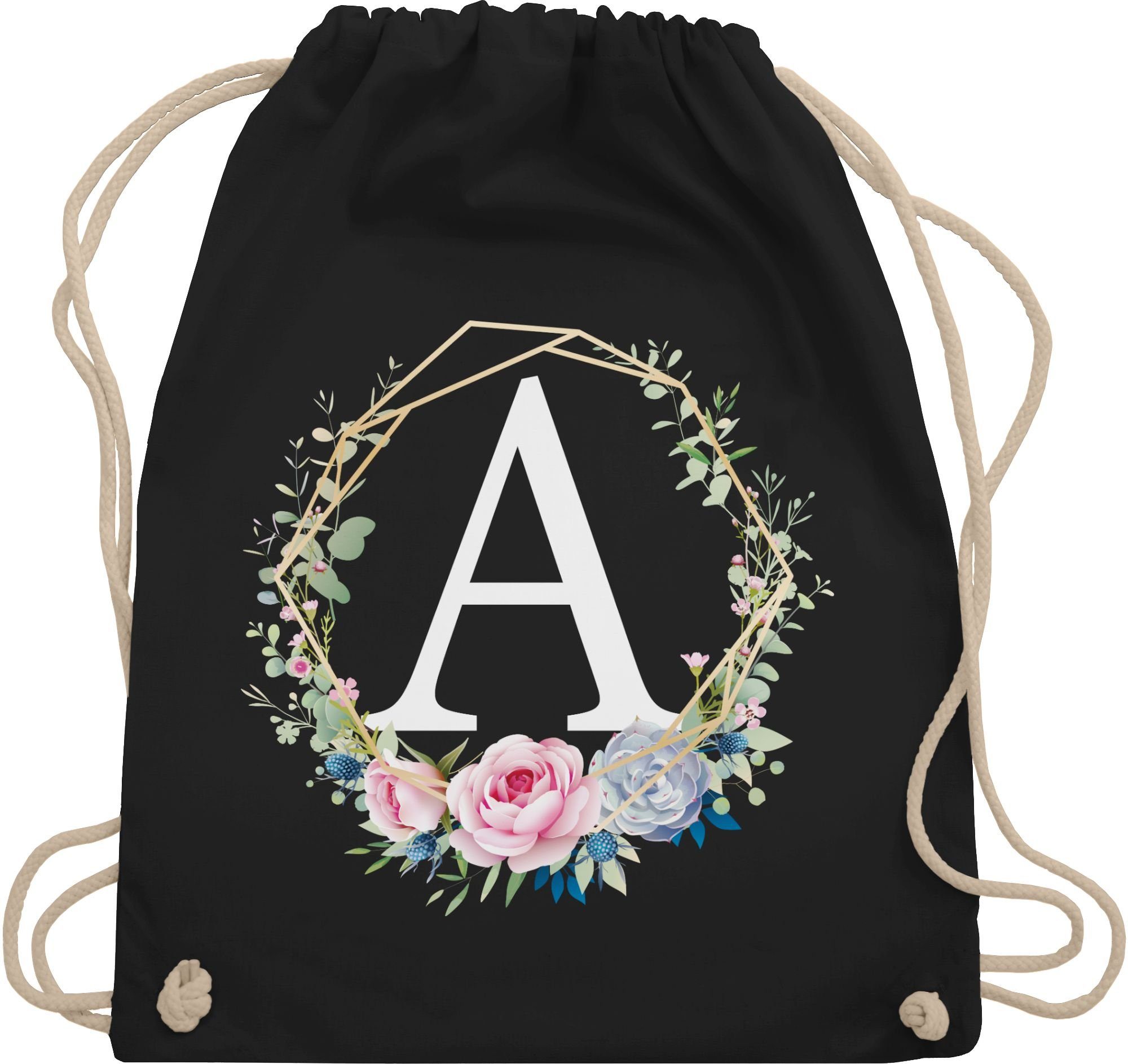Shirtracer Turnbeutel Blumenkranz Mit Buchstabe A, Geschenk Taschen Initialen Shopper Baumwolle