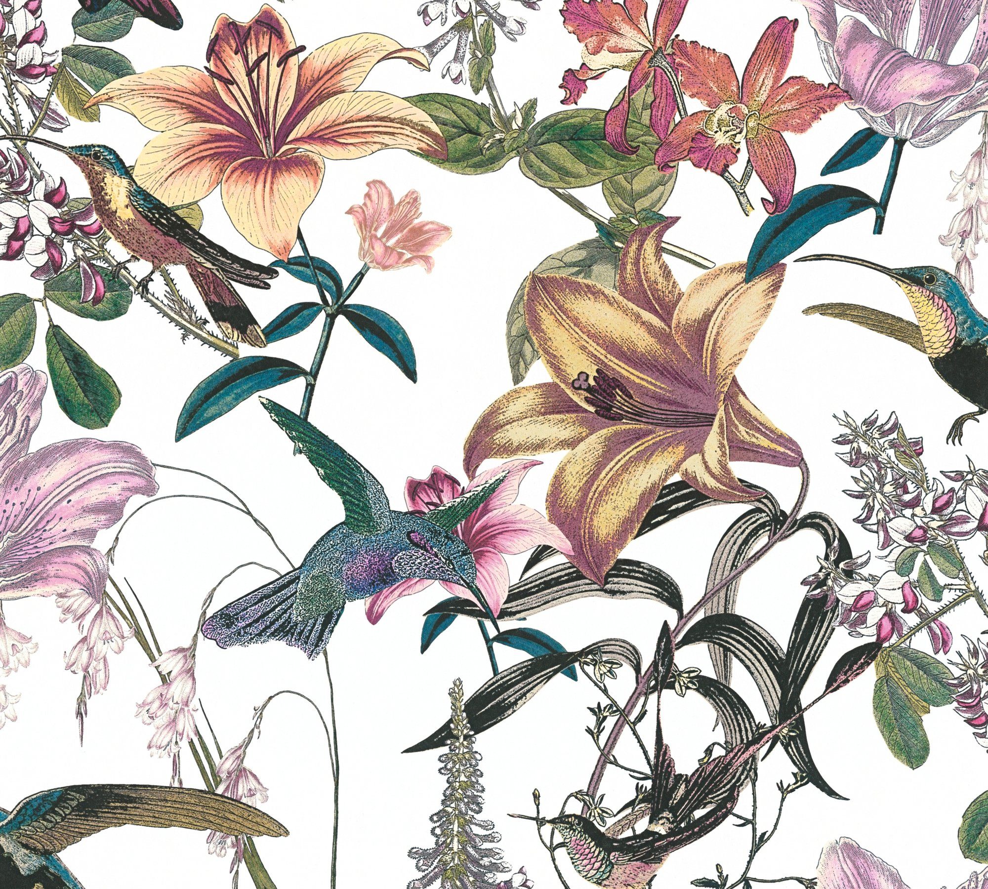 A.S. Création Architects Paper Vliestapete Jungle Chic, glatt, botanisch, floral, tropisch, Vogeltapete Tapete Blumen bunt/grün/gelb