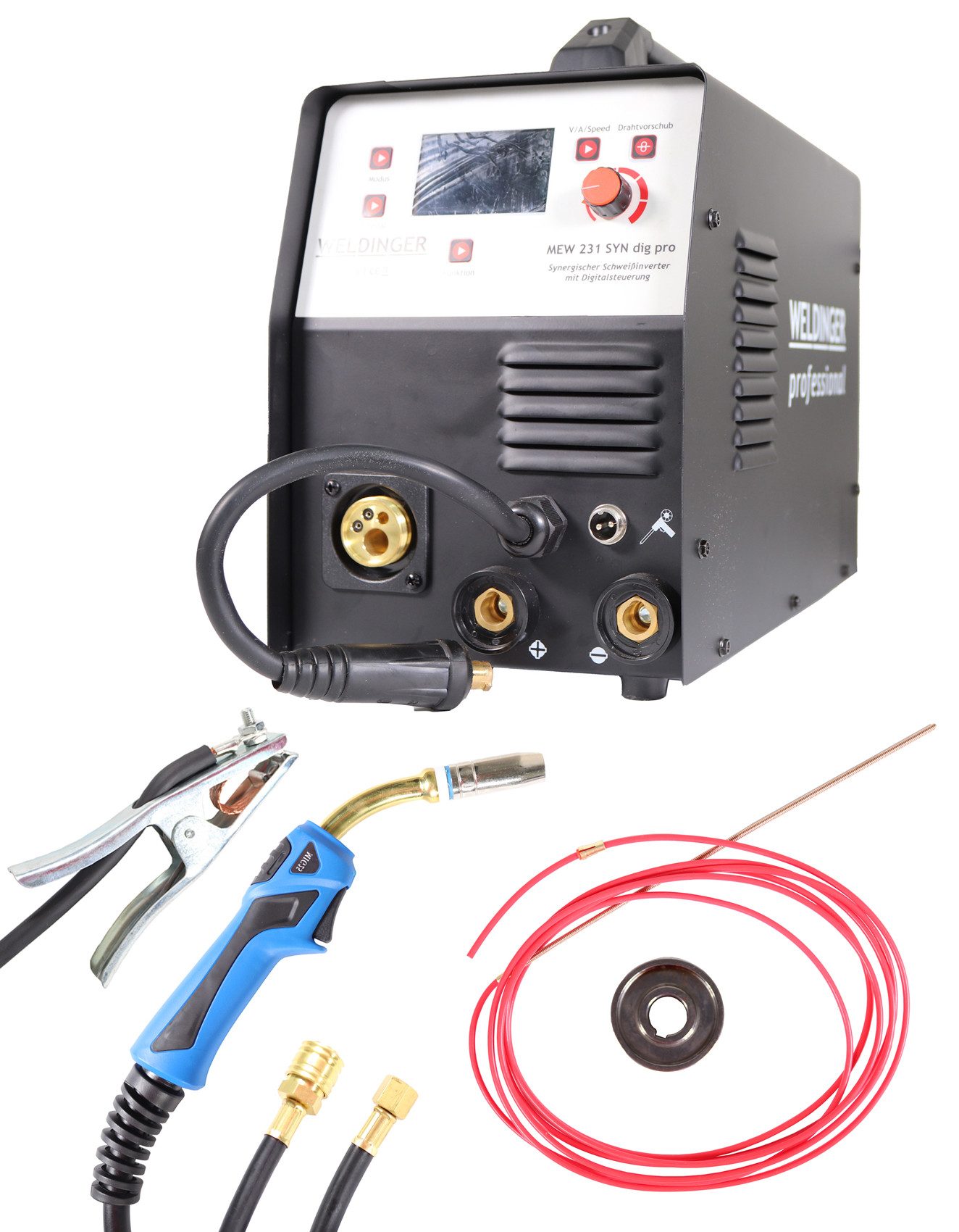 WELDINGER Schutzgasschweißgerät Kombischweißgerät MEW 231 SYN dig pro 230 A für Aluminium LCD-Display, 30 - 230 A, 5-tlg., LCD-Display, Umpolkabel vorn