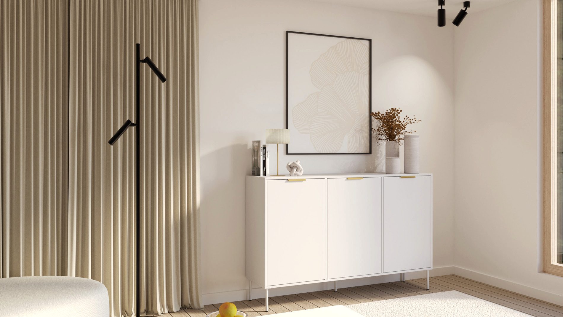Selsey Sideboard VENA, Sideboard in Weiß mit goldenen Griffen, 3 Türen