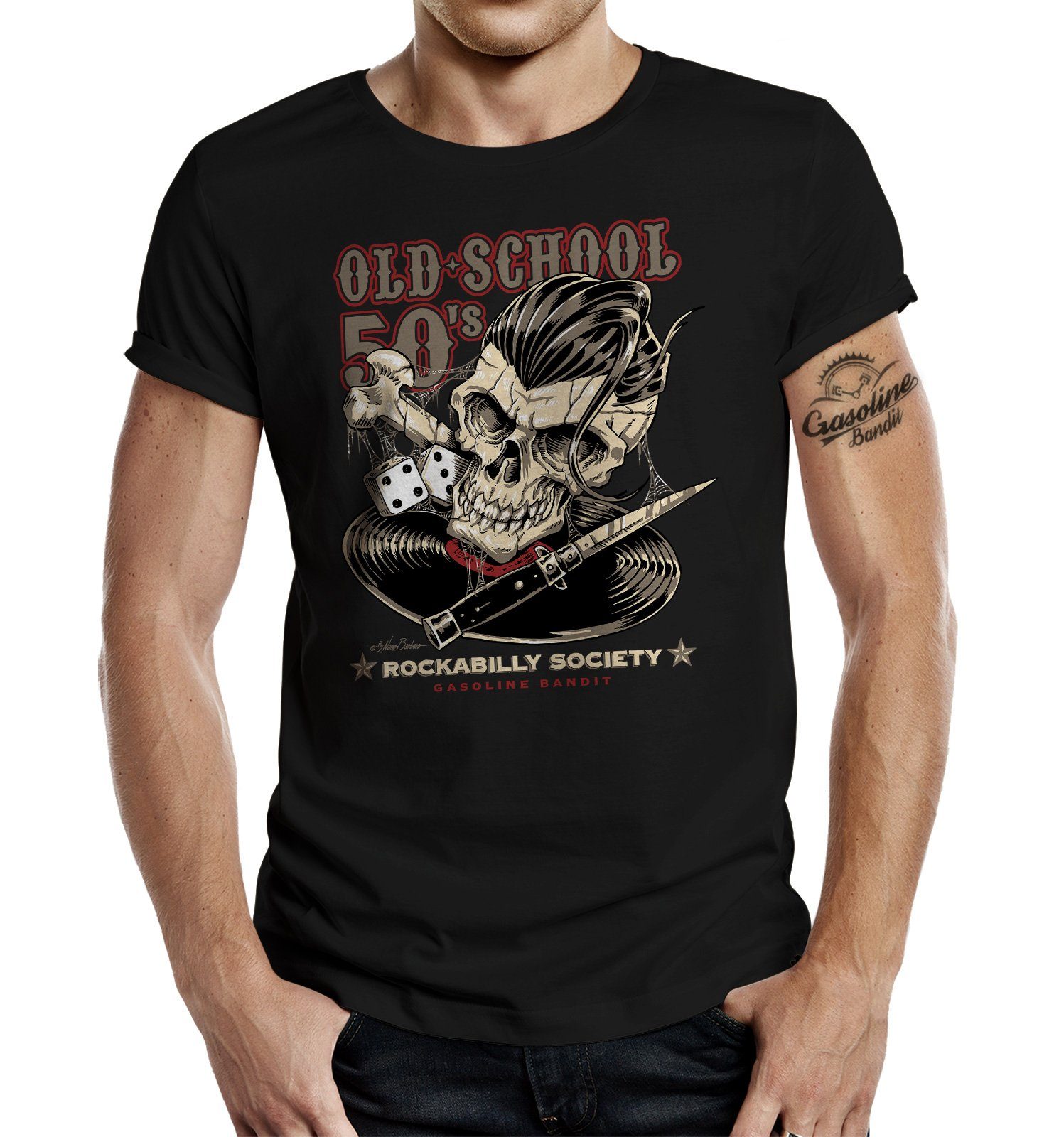 BANDIT® Old Rockabilly Racer Hot Schwarz Fans: T-Shirt Rod GASOLINE 50's School für