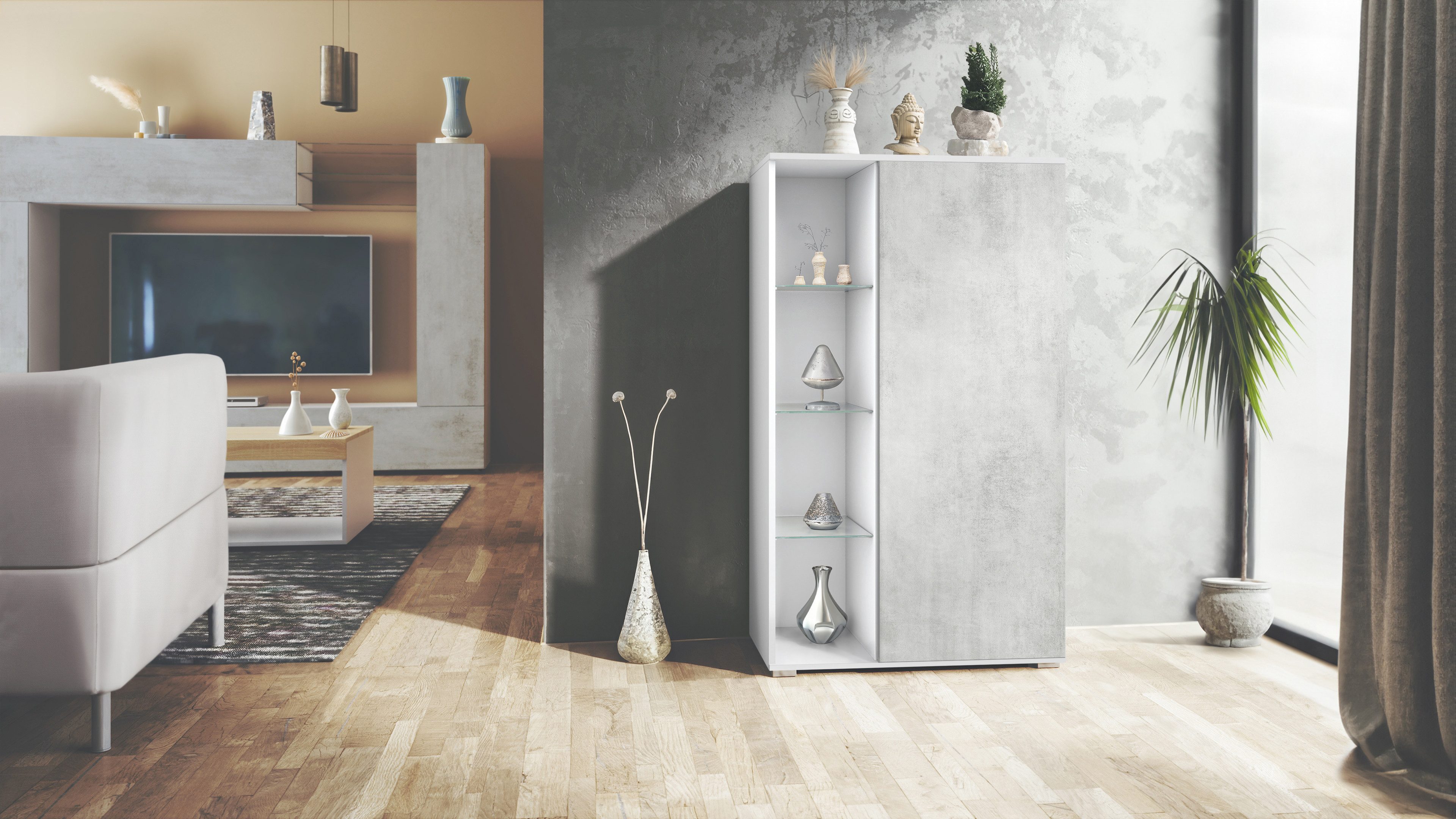 Vladon Standvitrine Davos (Standvitrine, mit 3 Glasböden und 8 Fächer) Weiß matt/Beton Oxid Optik (71,5 x 134 x 35 cm)