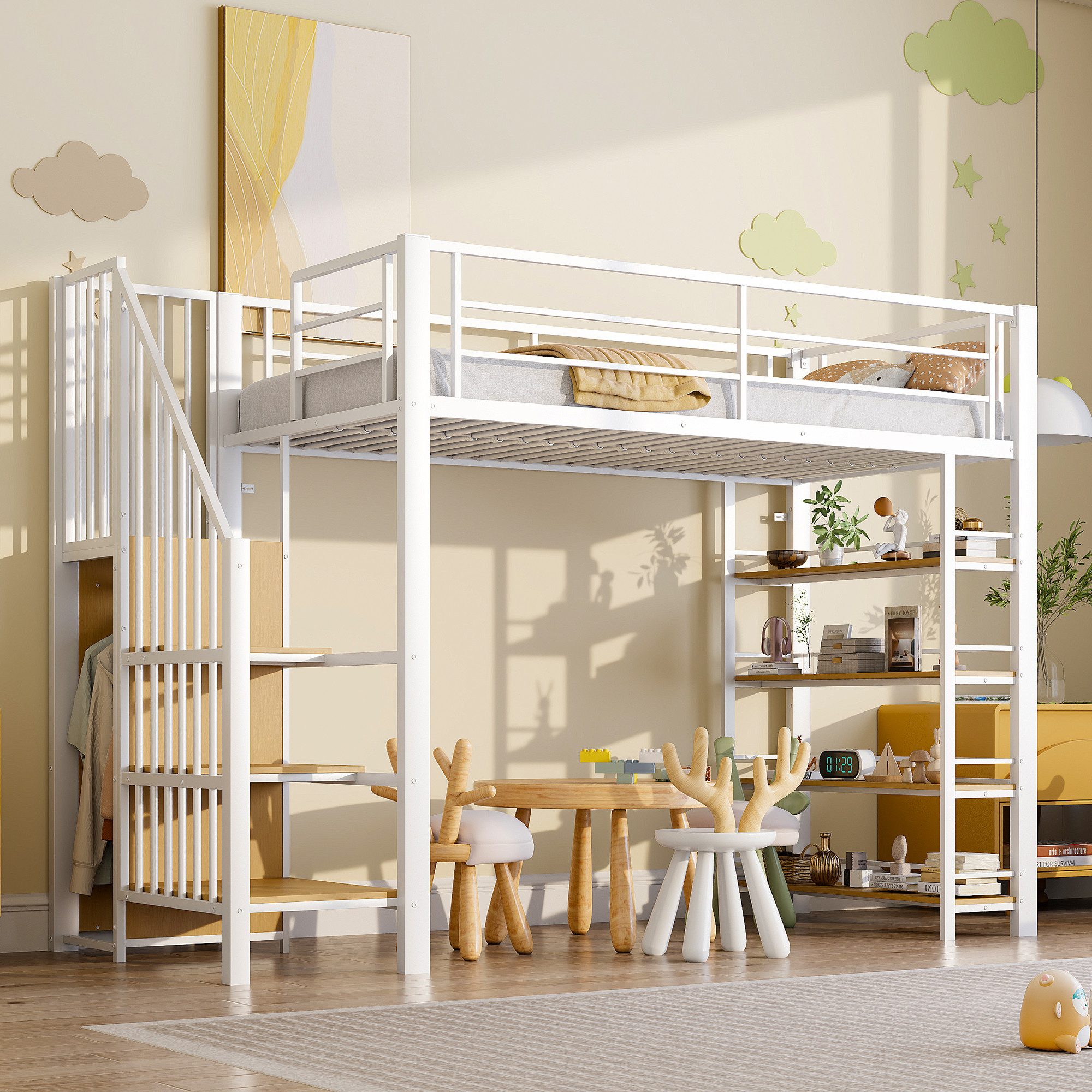 Flieks Hochbett Kinderbett Metallbett 90x200cm mit Regal, Treppe und Kleiderstange