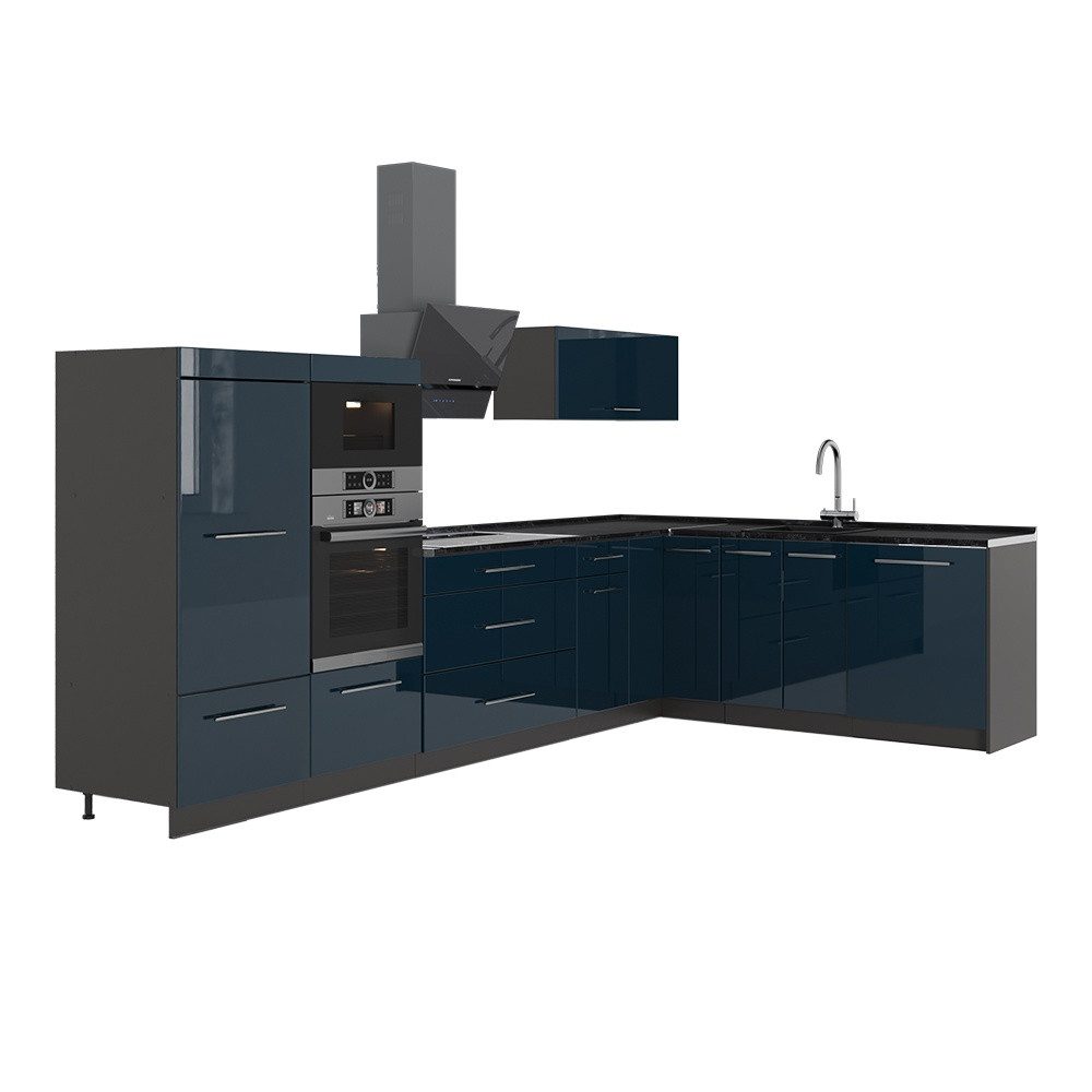 Vicco Winkelküche Fame-Line, Dunkelblau Hochglanz/Anthrazit, 347 x 207 cm ohne Arbeit...