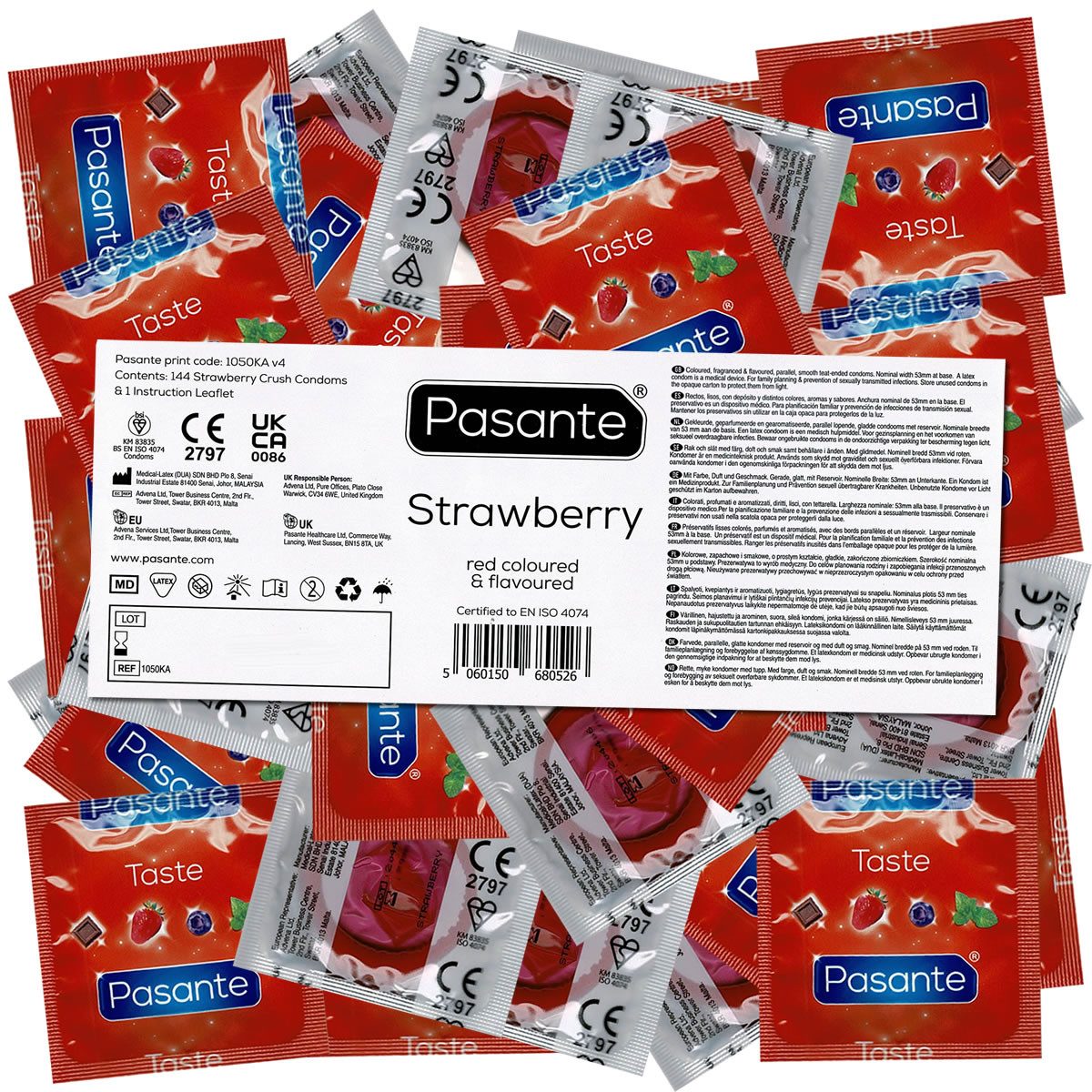 Pasante Kondome Pasante Vorratspackung, fruchtige Kondome mit Aroma Sorte: Strawberry, 144 St., Kondome mit Erdbeer Geschmack, Kondome für Oralverkehr