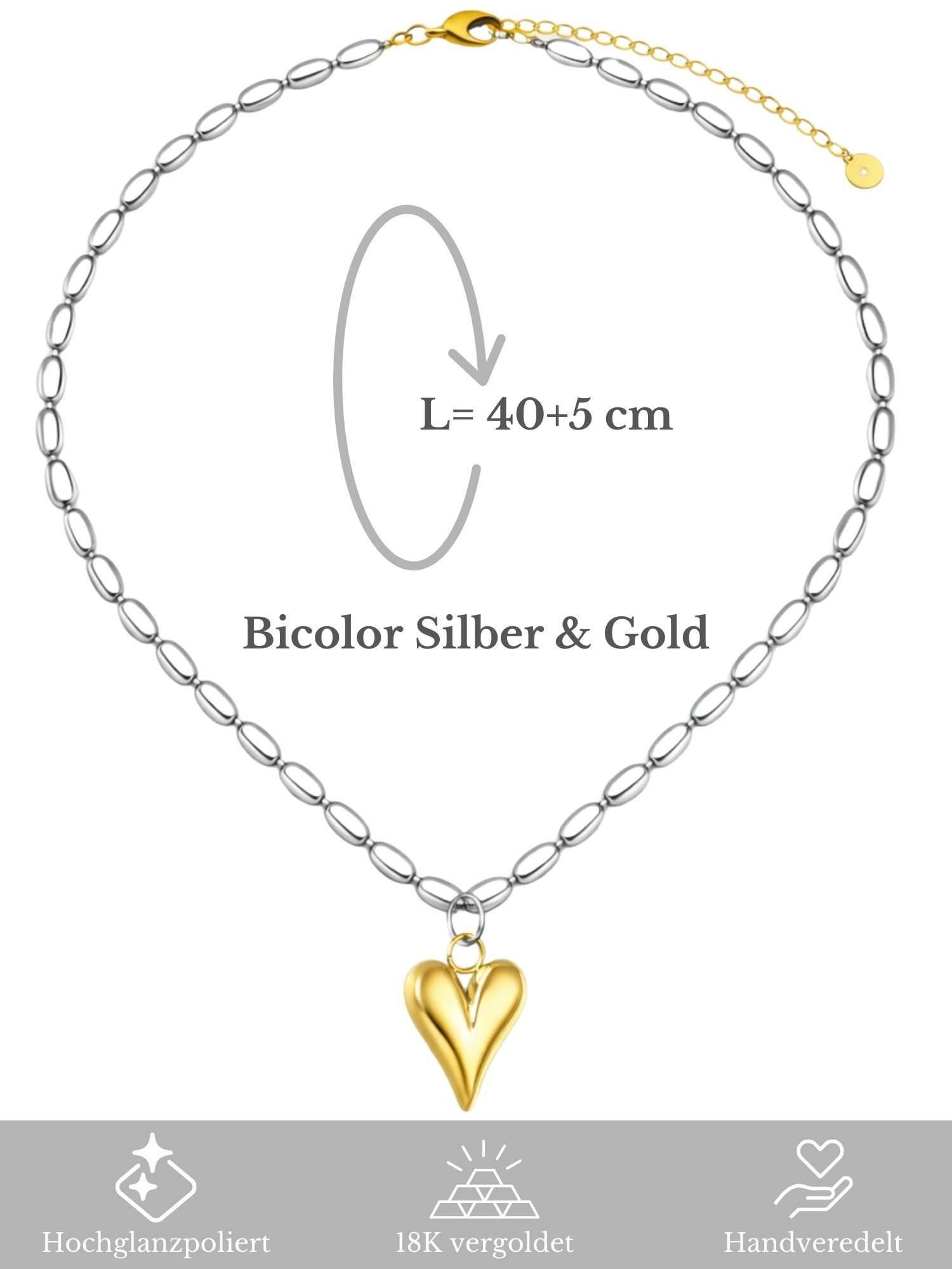 BS Schmuckdesign Kette mit Anhänger Halskette Damen Herzanhänger Bicolor Kugelkette Gold & Silber (inkl. Geschenkbox aus Dänemark), 18K vergoldet, hypoallergen  – Bild 5 von 5