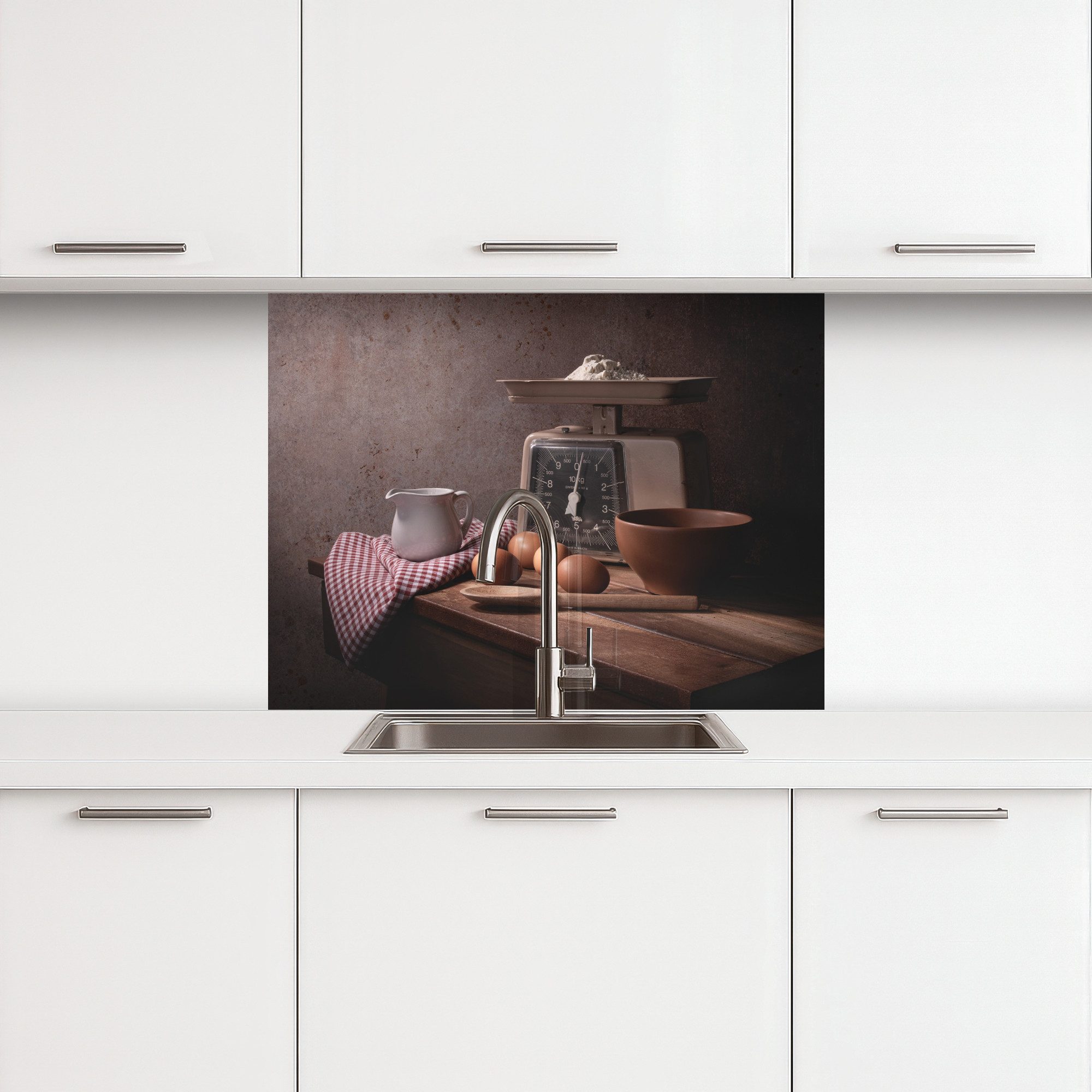KitchenYeah Küchenrückwand selbstklebend Stilleben - Kochen - Waage - Eier - Küche, (1-tlg), Spritzschutz, Küche, Rückwand, Küchenwand, Küchenfront, 80x60 cm