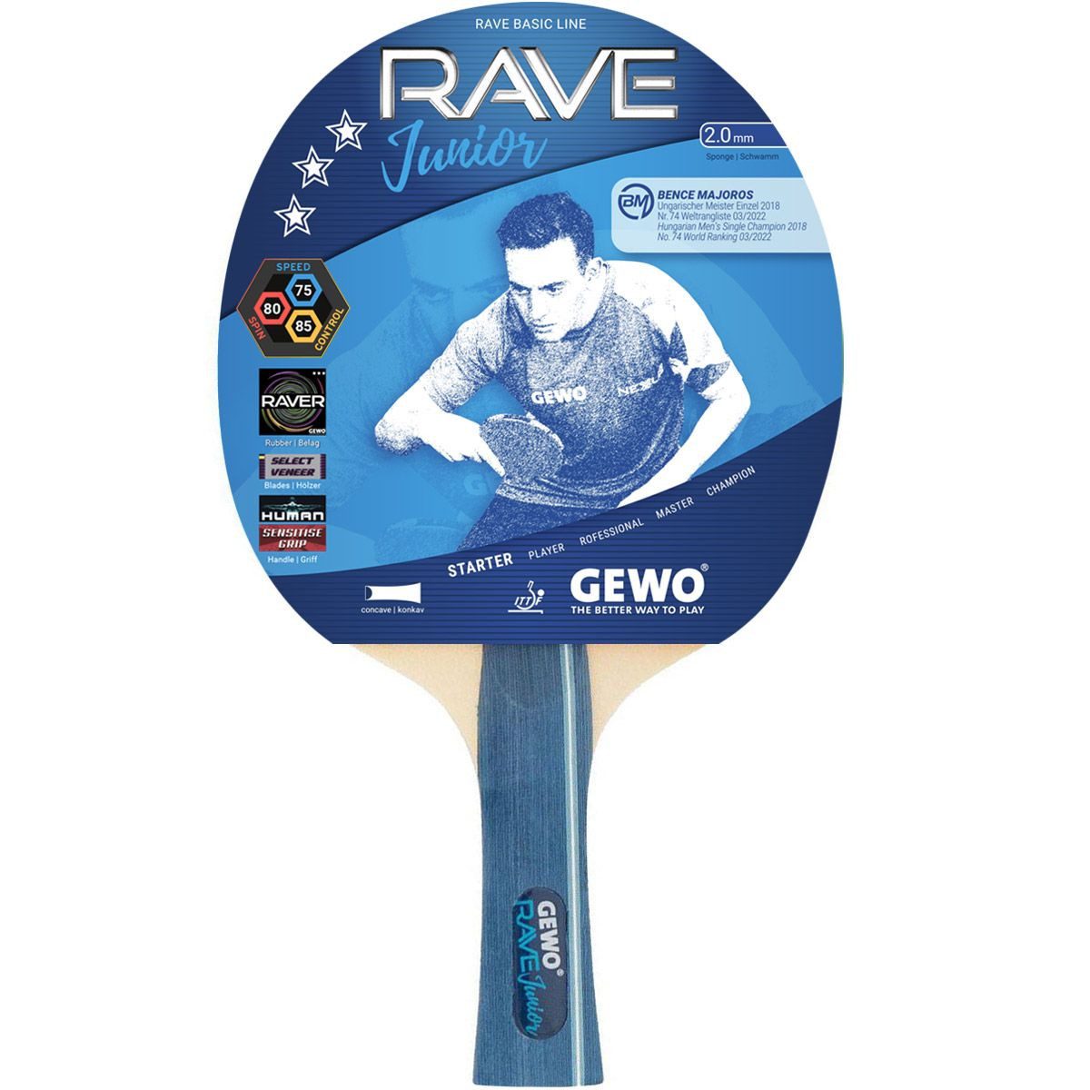 Tischtennisschläger Rave Junior, Tischtennis Schläger für Jugendliche, Griff konkav