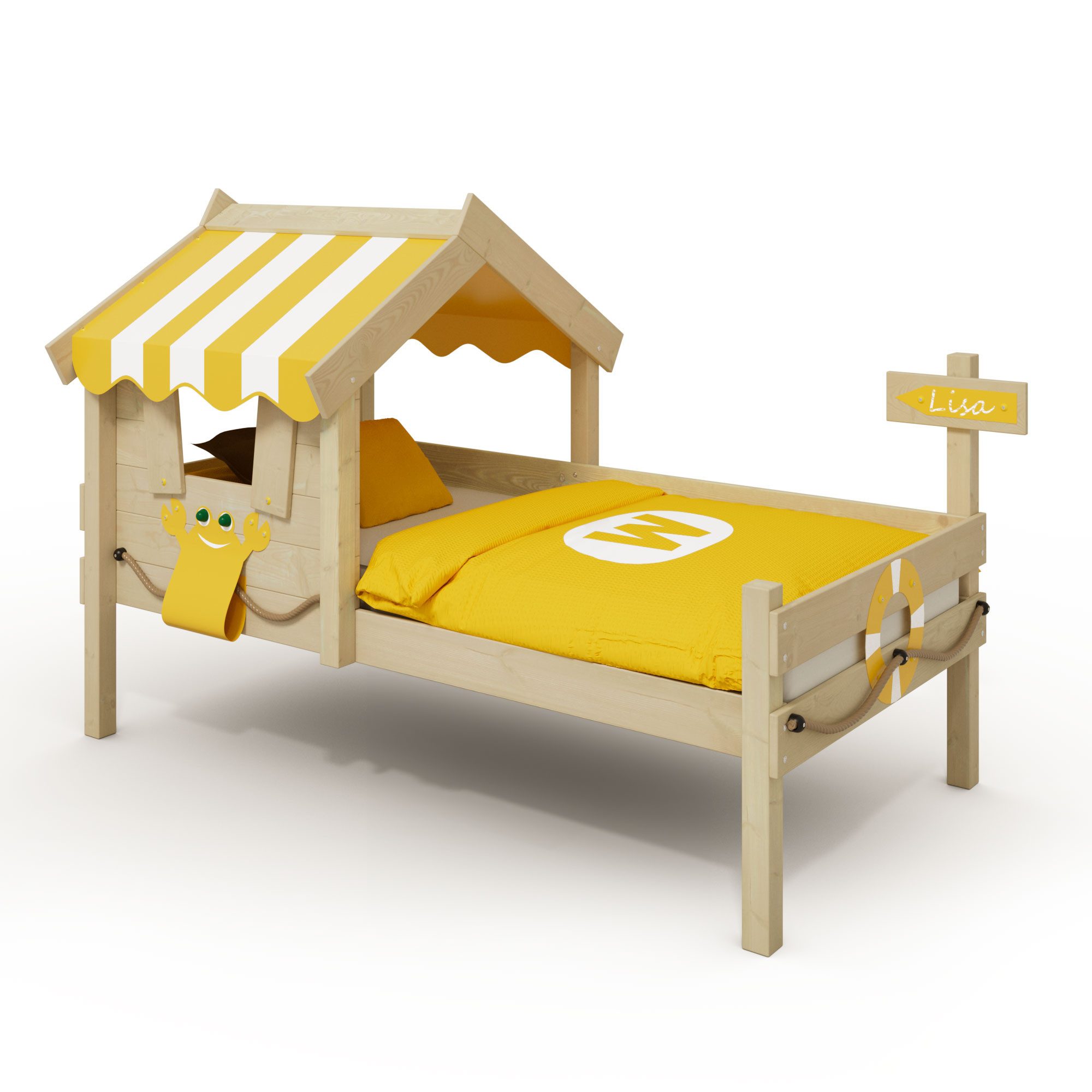 Wickey Kinderbett Crazy Sharky - Spielbett 90x200 aus Massivholz mit Dach & Fenster (Set, naturbelassene Optik & stabile Konstruktion), Platzsparendes Kinderbett mit Wegweiser