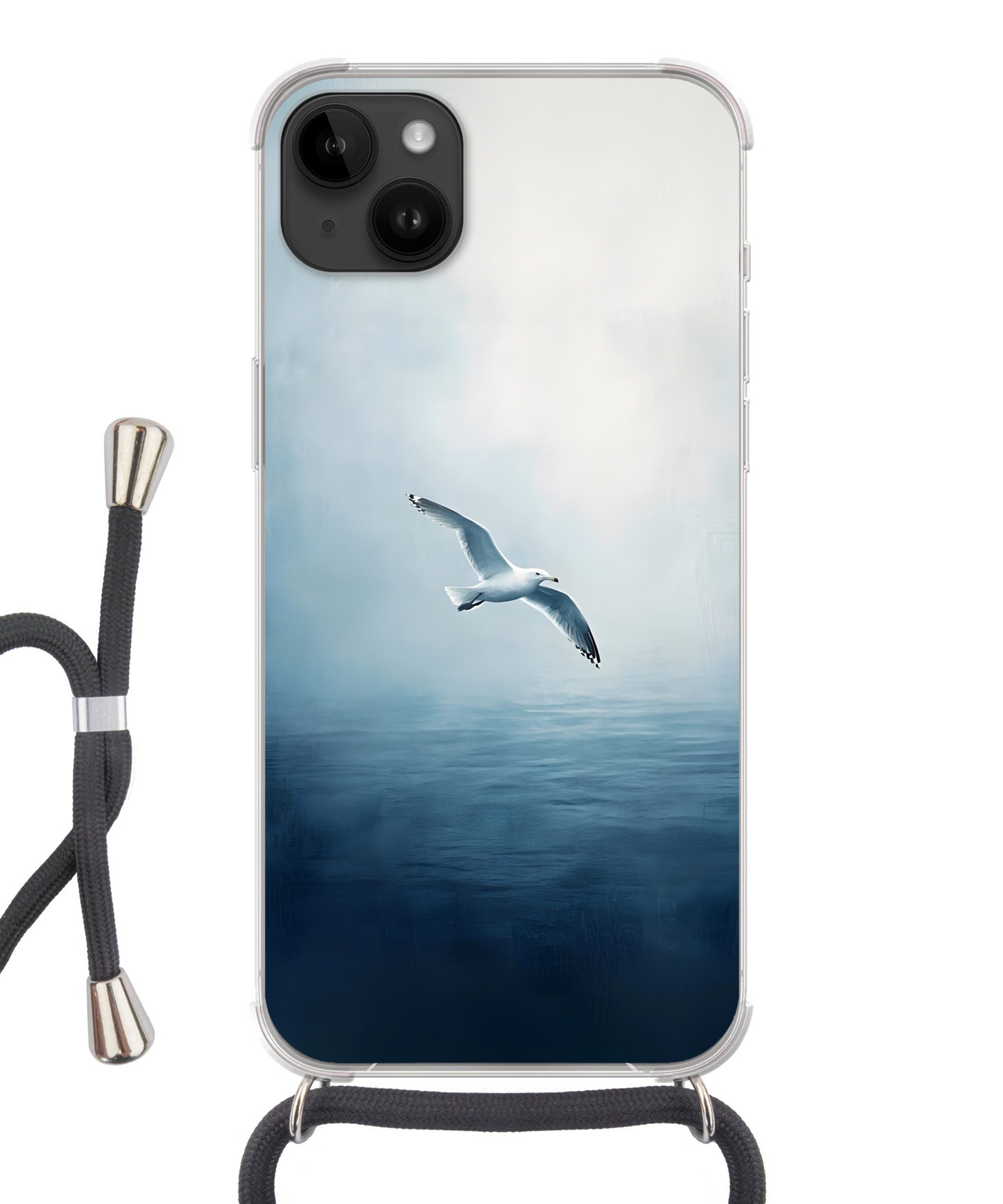 MuchoWow Handyhülle für Apple iPhone 14 Max Möwe - Weiß - Meer - Neblig, Tragbare Handyhüllen mit Kette zum umhängen, Handykette Handyband