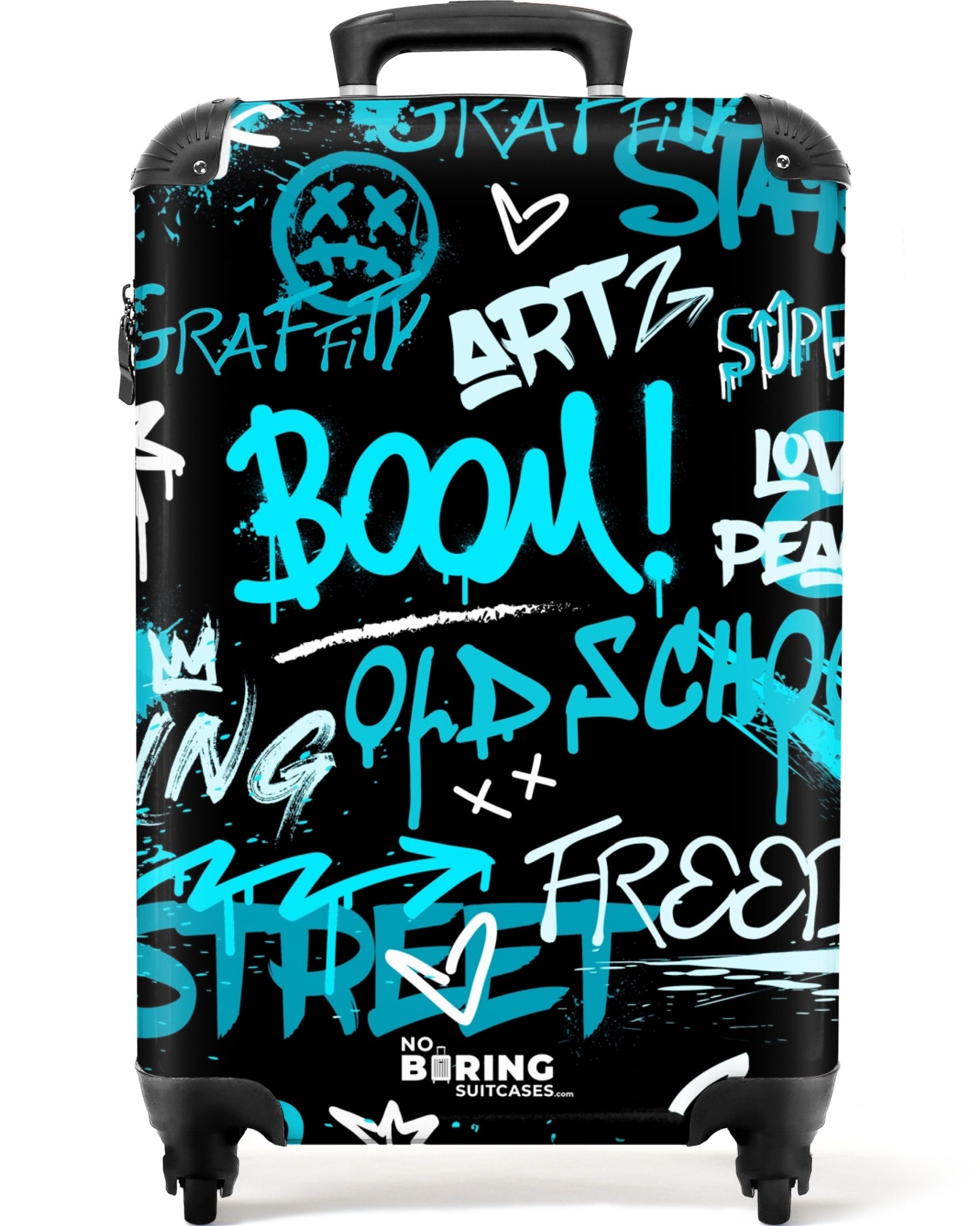 NoBoringSuitcases.com© Hartschalen-Trolley Straßenkunstwerk mit blauen Text günstig online kaufen