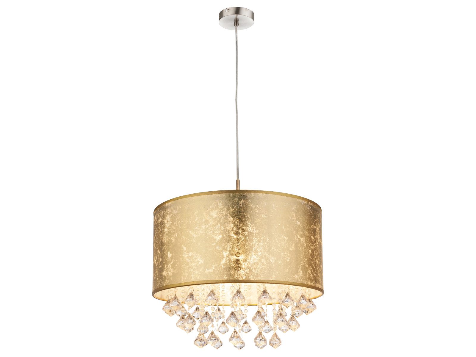 GLOBO LIGHTING LED Pendelleuchte Stoff mit Acryl Kristall Behang Ø 40cm, Dimmfunktion, LED wechselbar, warmweiß, hängend besondere Hängelampe einflammig mit Lampenschirm in Goldoptik